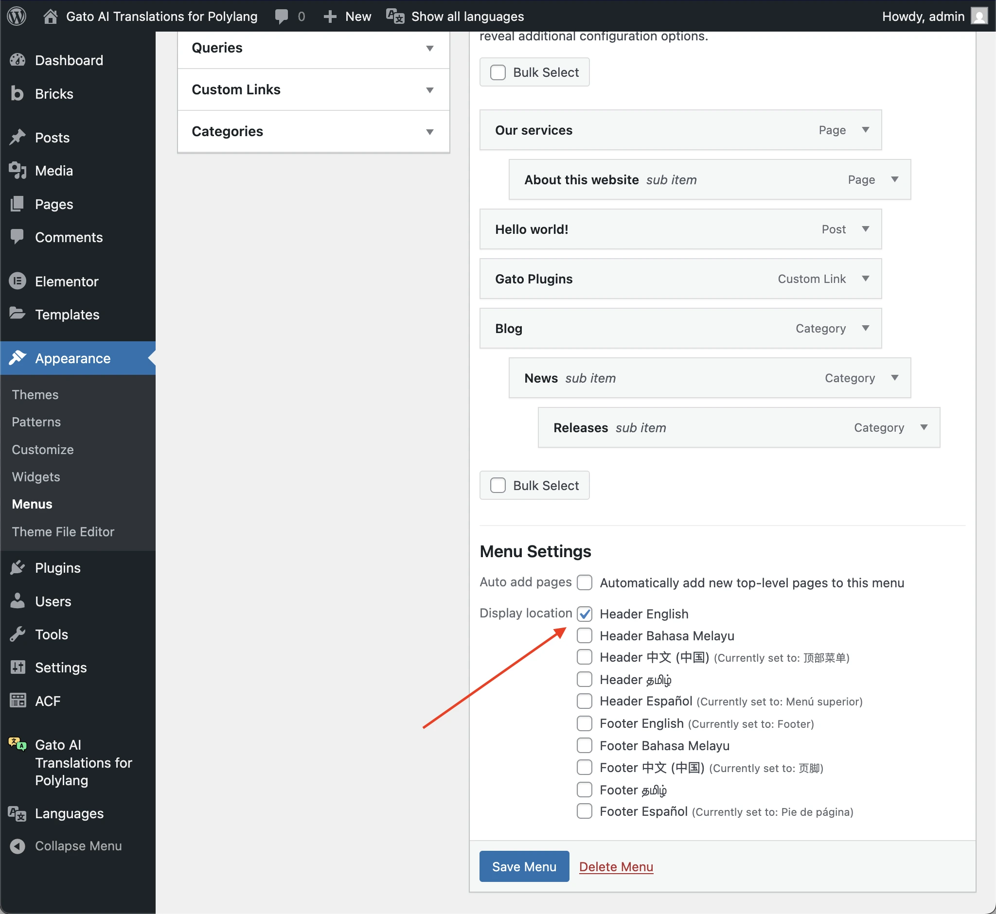 Menu is assigned a location corresponding to the origin language