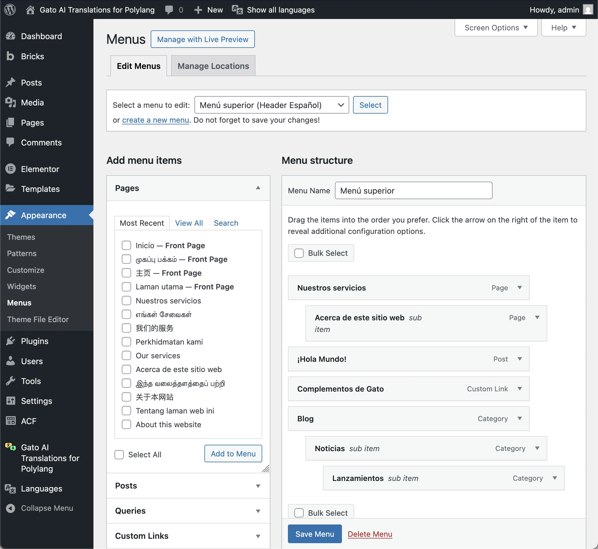 Editing a translated menu
