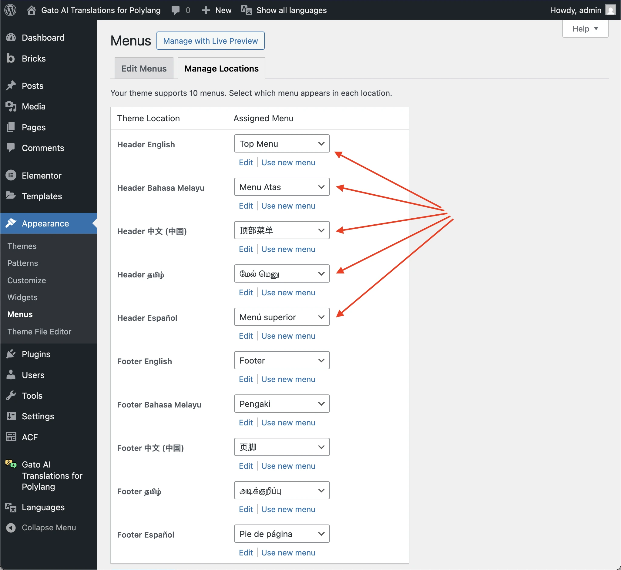 Menu is translated and assigned to the corresponding menu location for each language