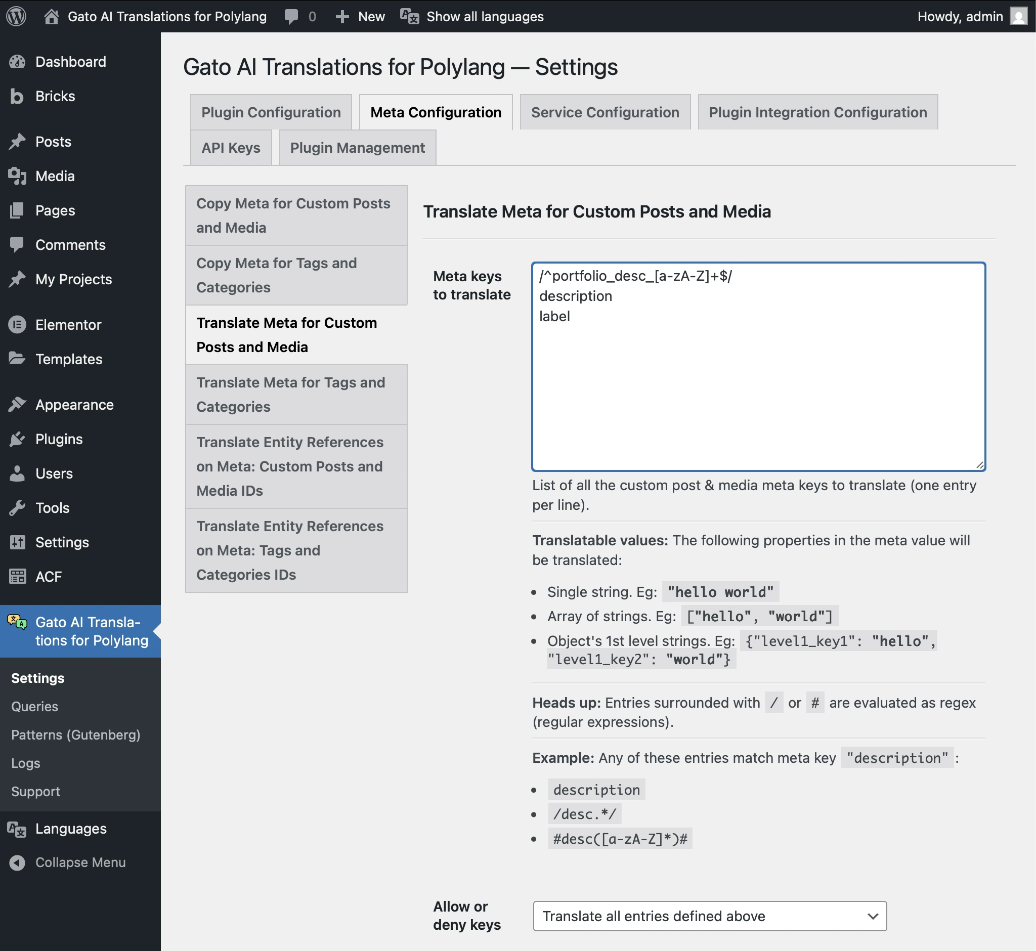 Configuring the meta keys for translation