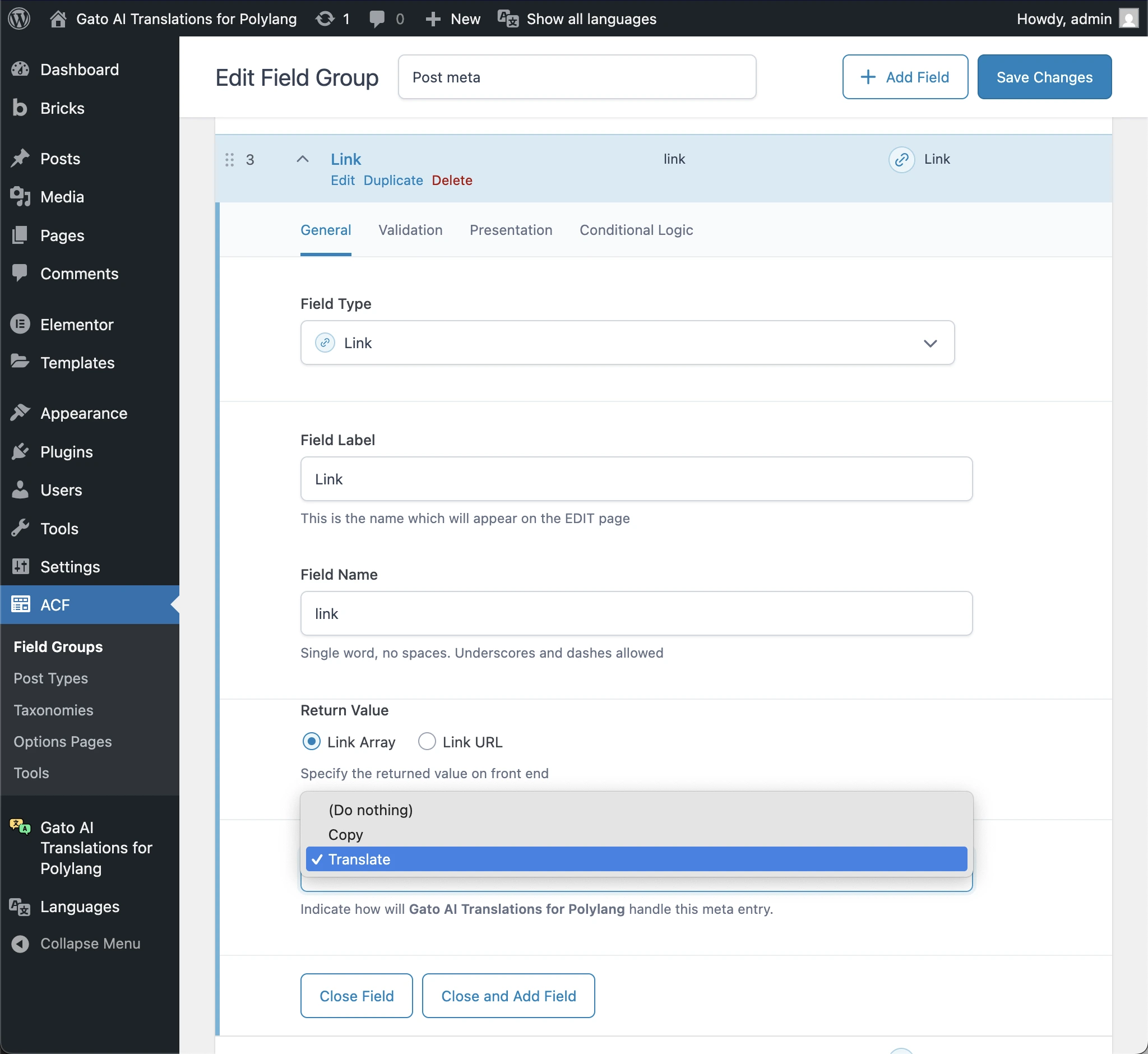 Configuring the translation option for an ACF field