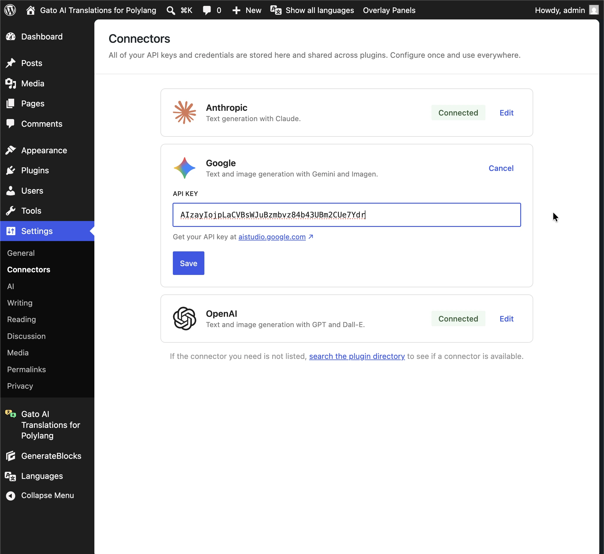 Registering API keys via WP AI Connectors