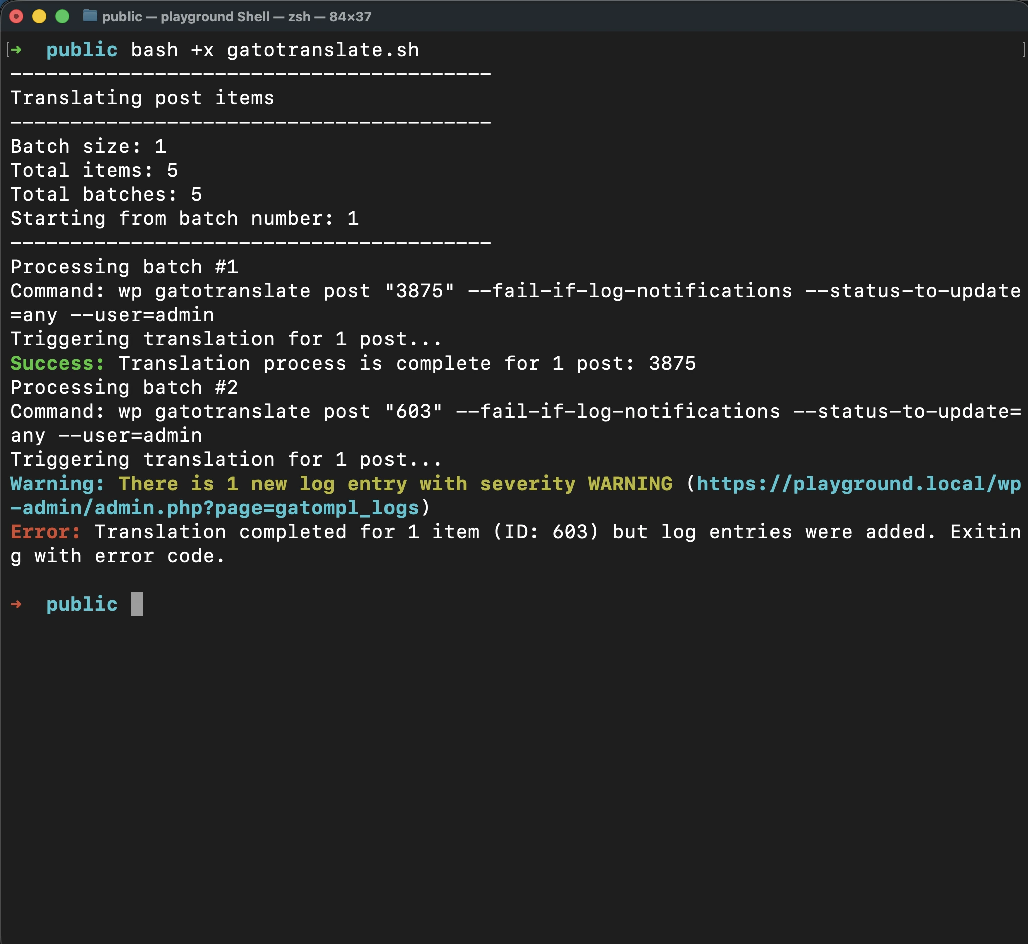Executing the 'gatotranslate.sh' script with the '--fail-if-log-notifications' parameter