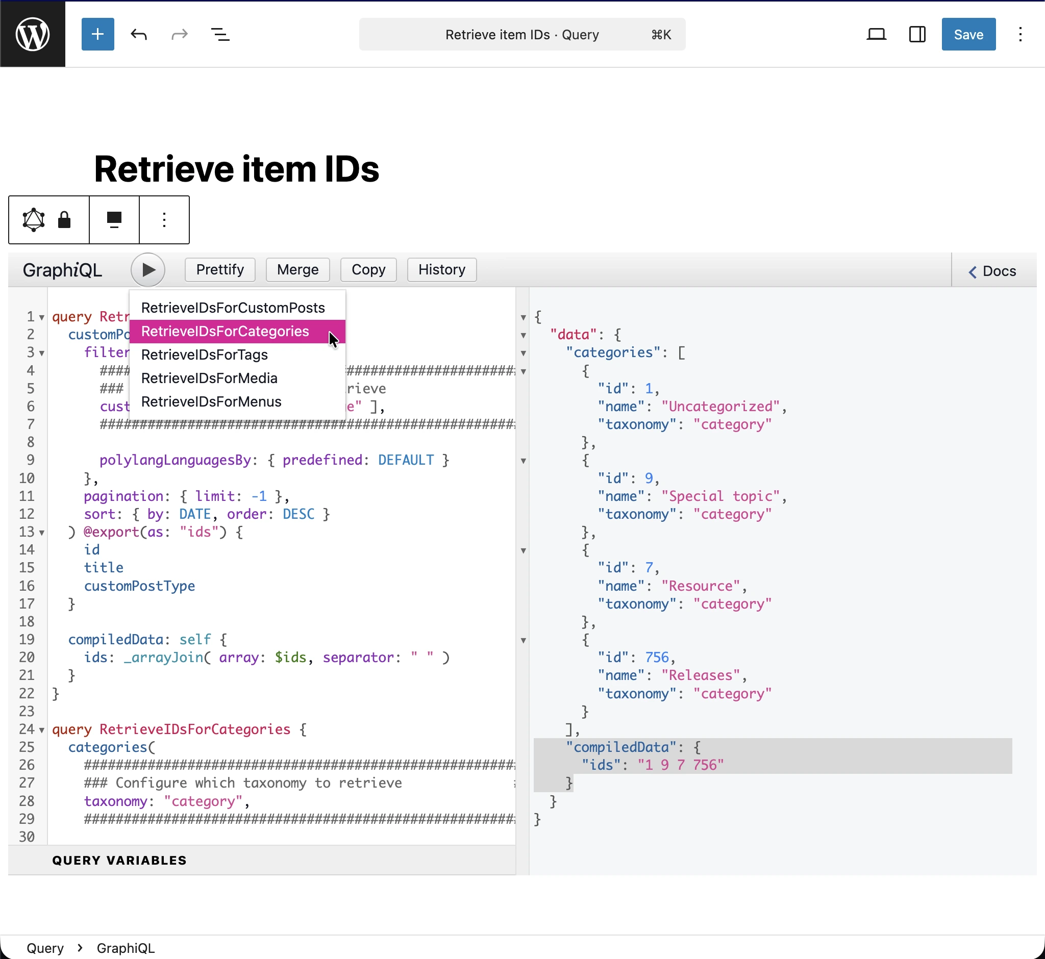 Executing the 'Retrieve item IDs' query