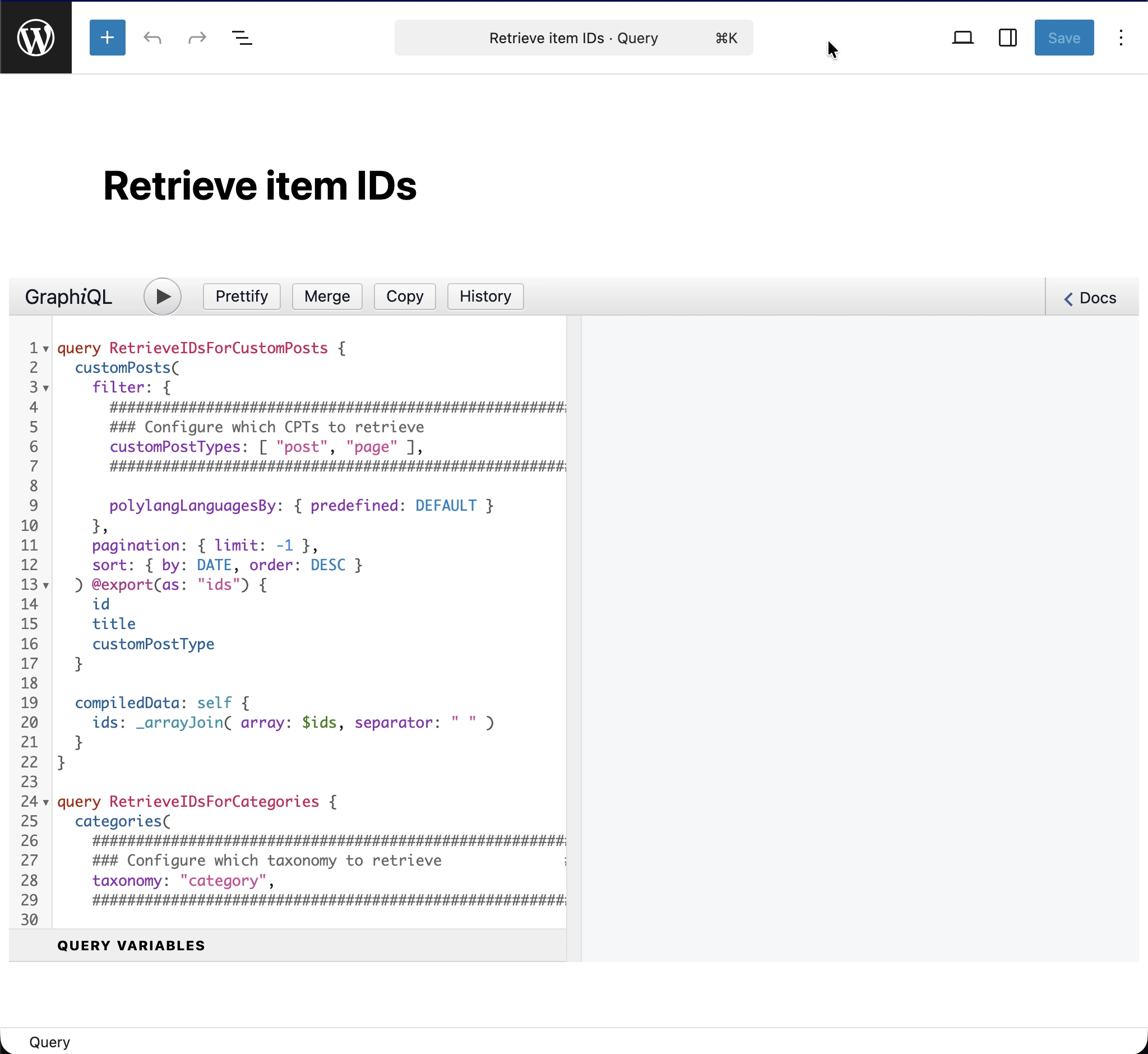 Creating the 'Retrieve item IDs' query