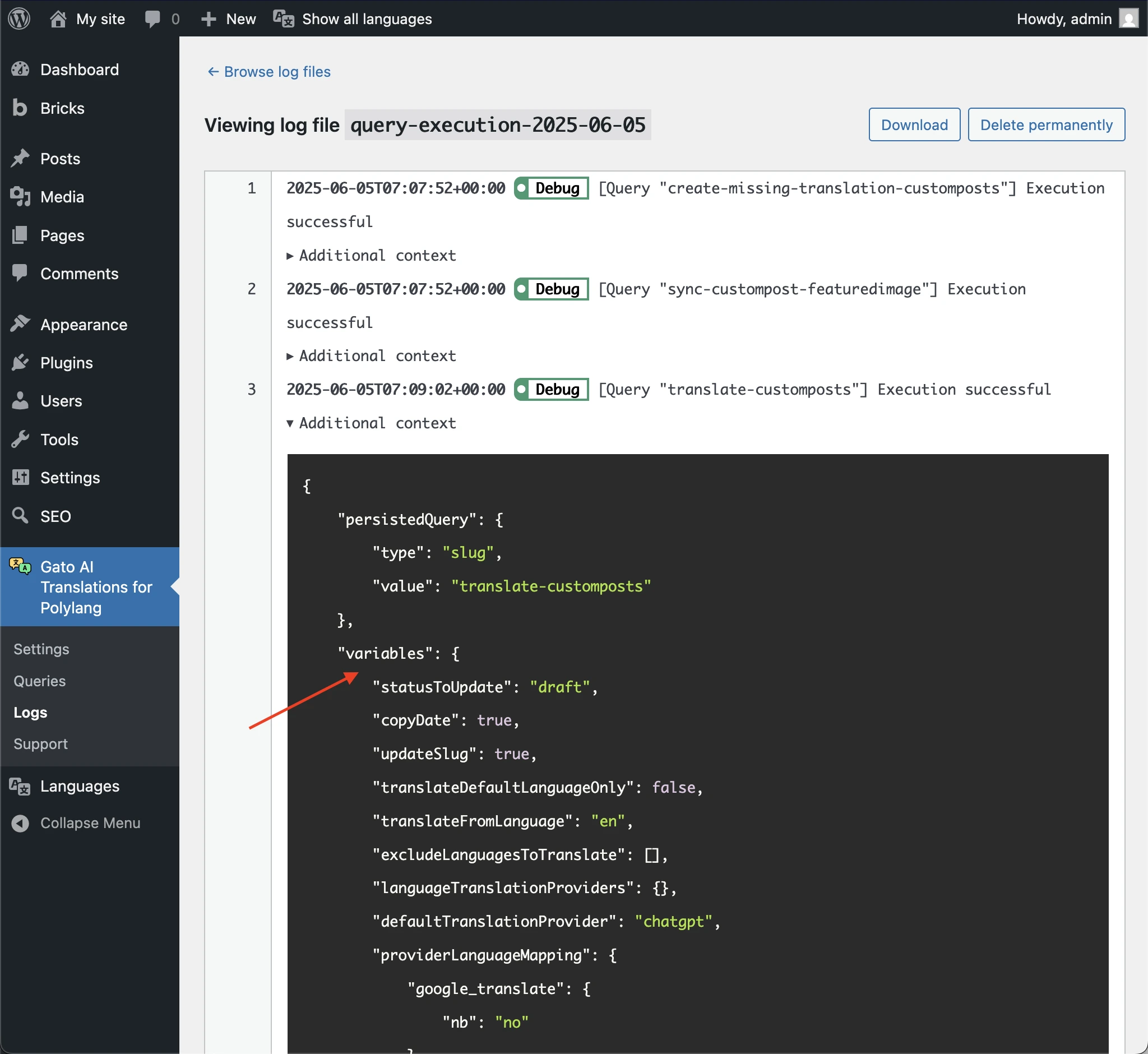 Copying the variables from the logs