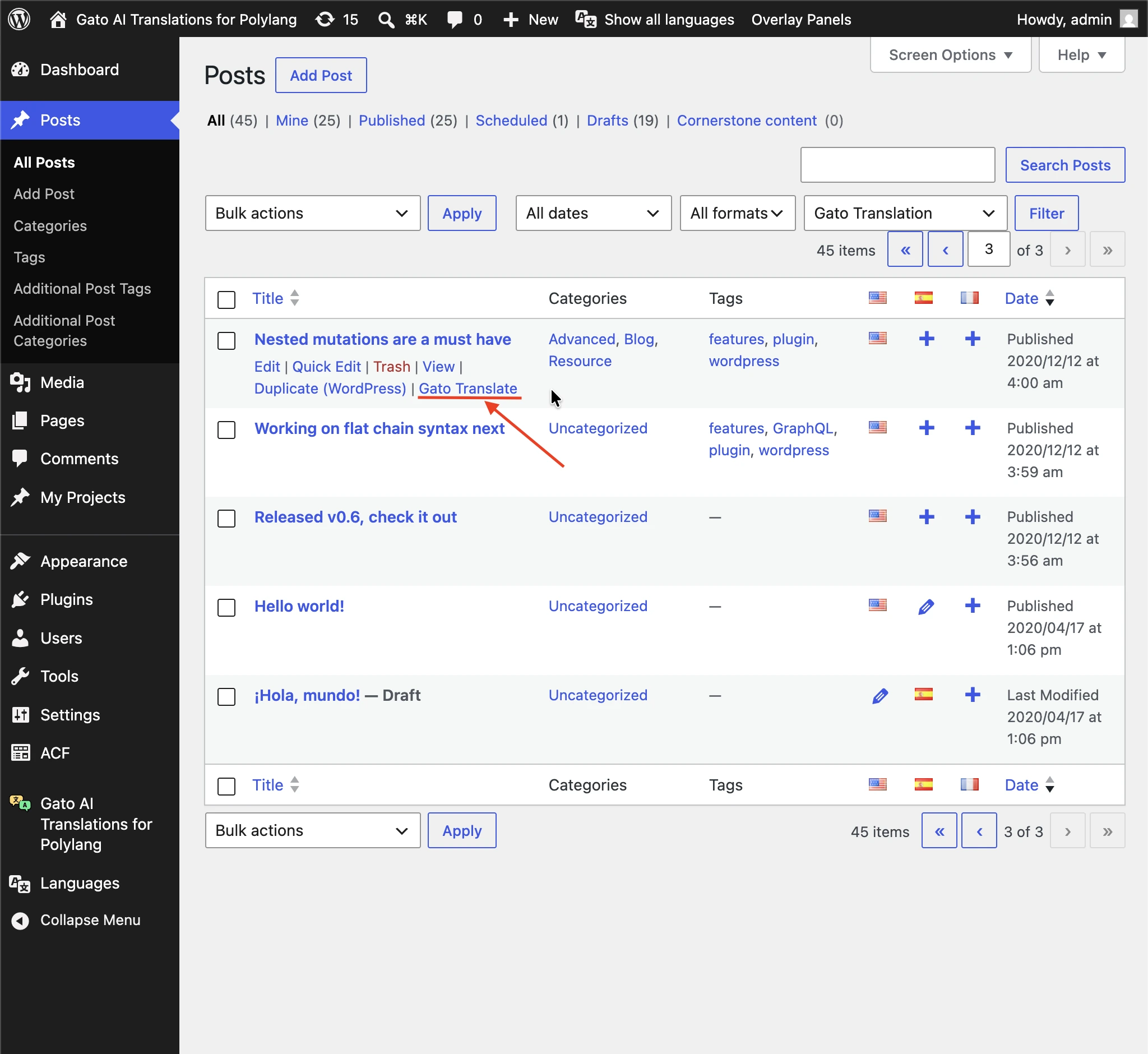 The Gato Translate quick link in the list page