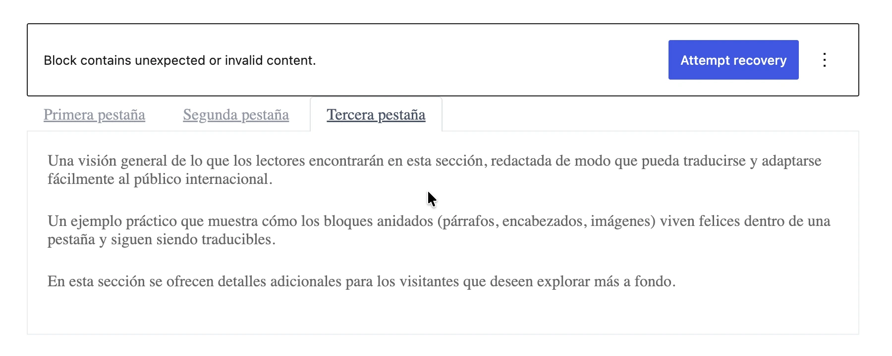 Translated Kadence tabs block displaying the Attempt Recovery notice