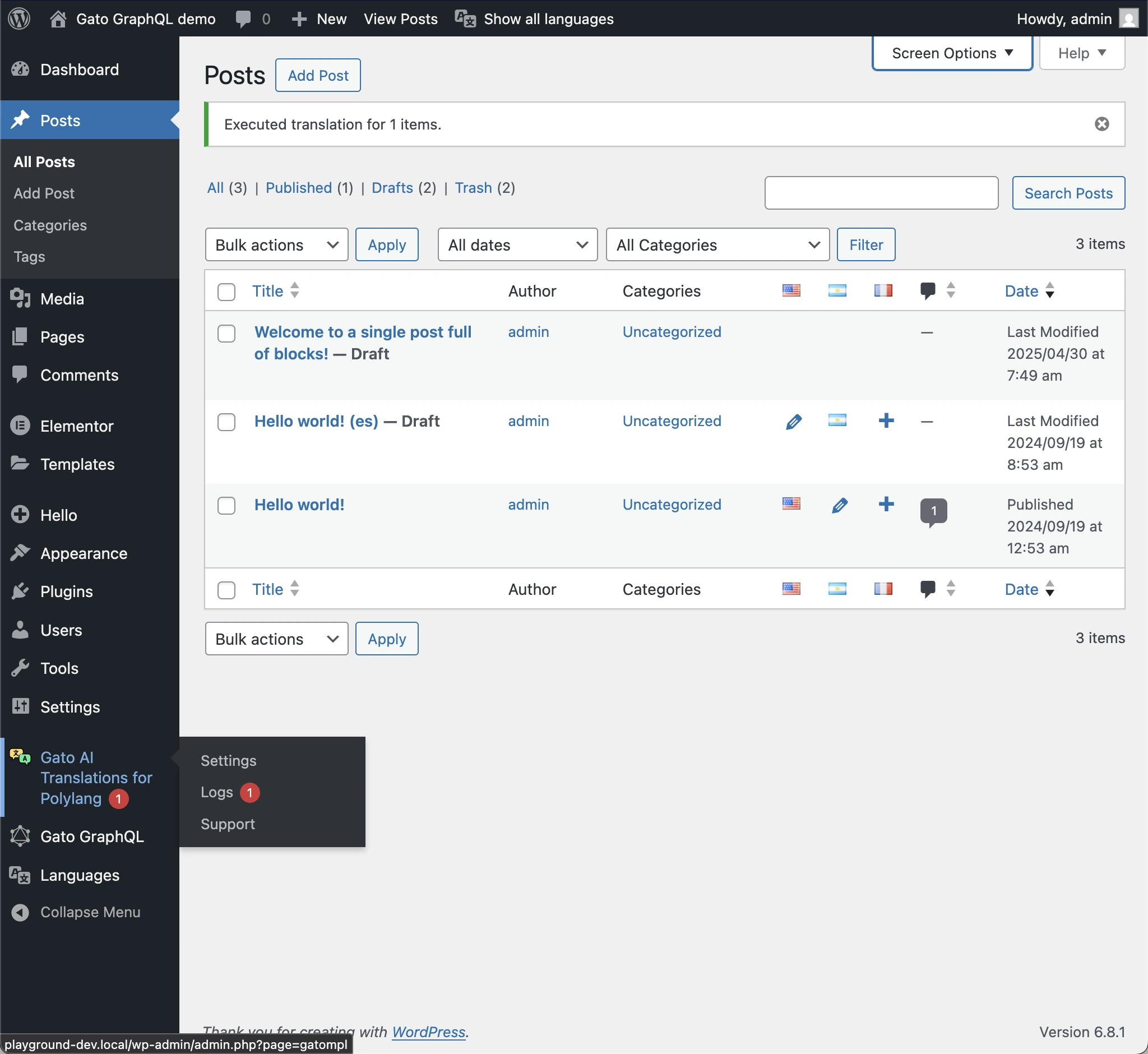 Translation to Spanish of the 'Hello World' post failed, and a notification badge is displayed