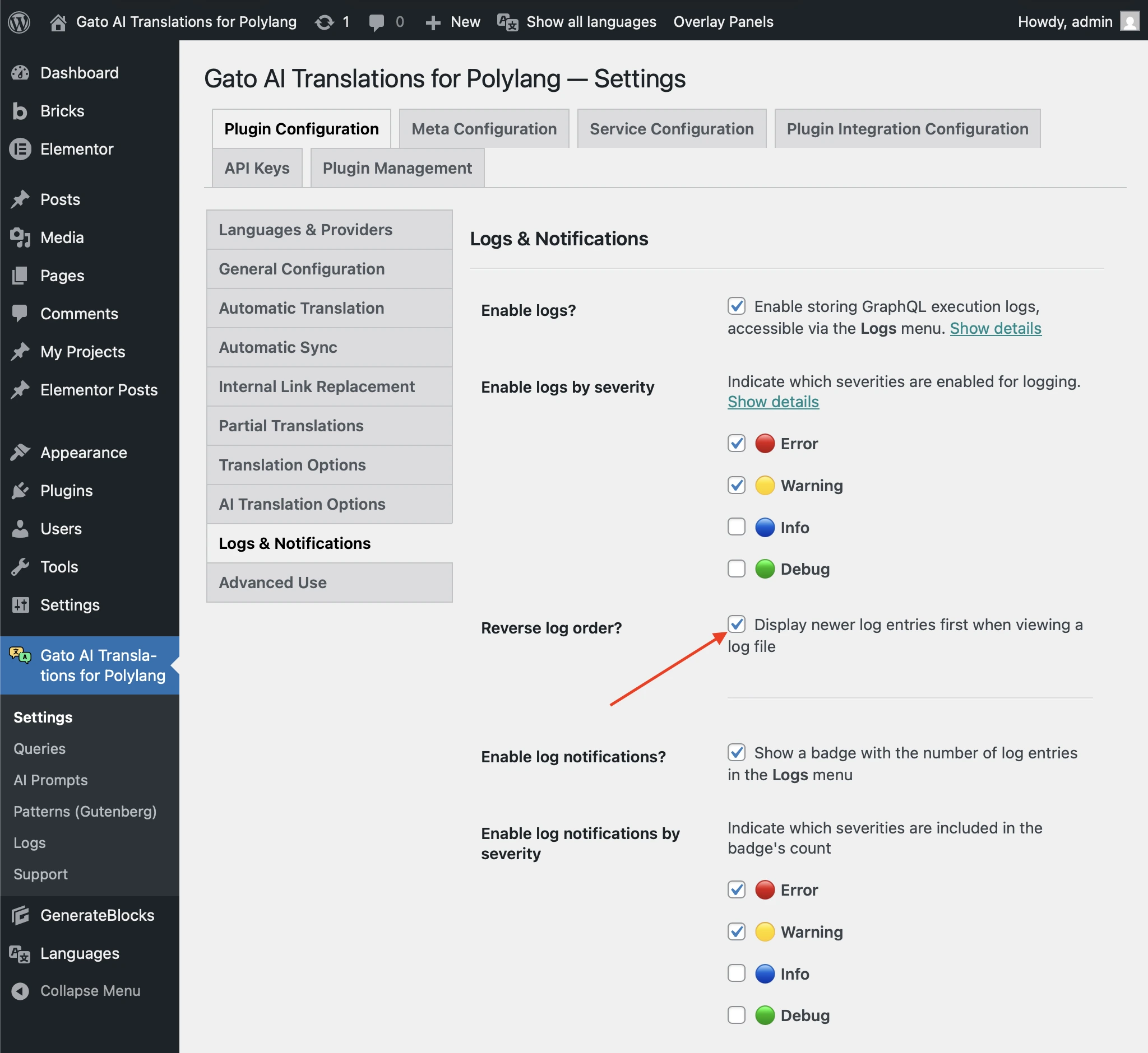 Enabling reverse order in Logs & Notifications settings
