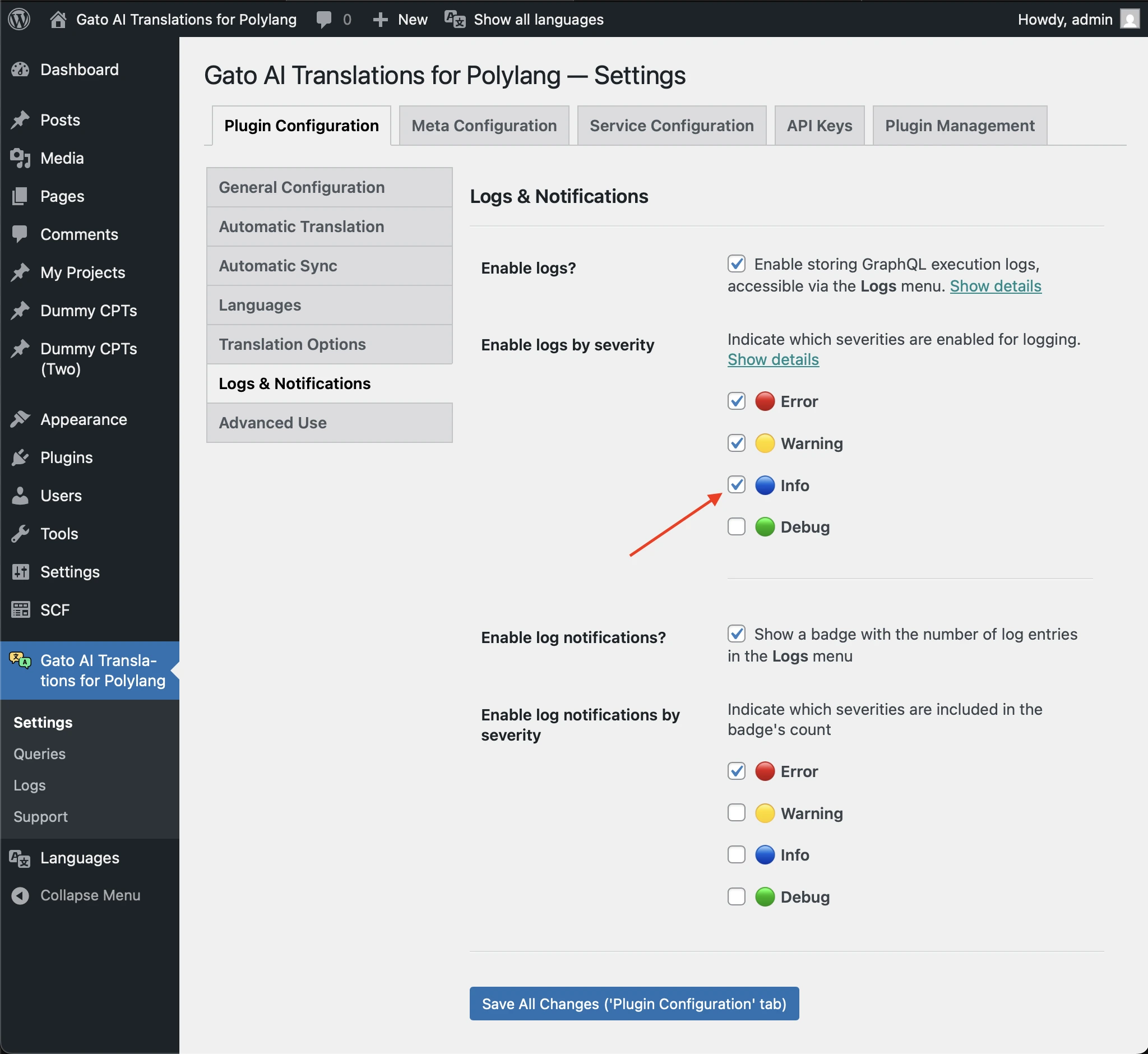 Enable Info severity in Logs & Notifications settings
