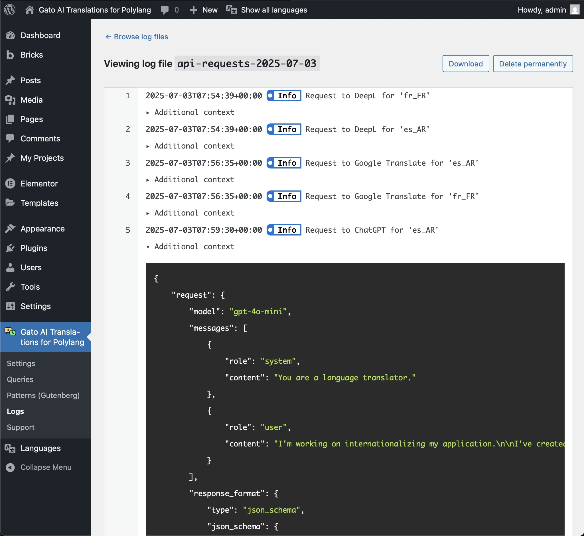 Detail of an AI request in the Logs