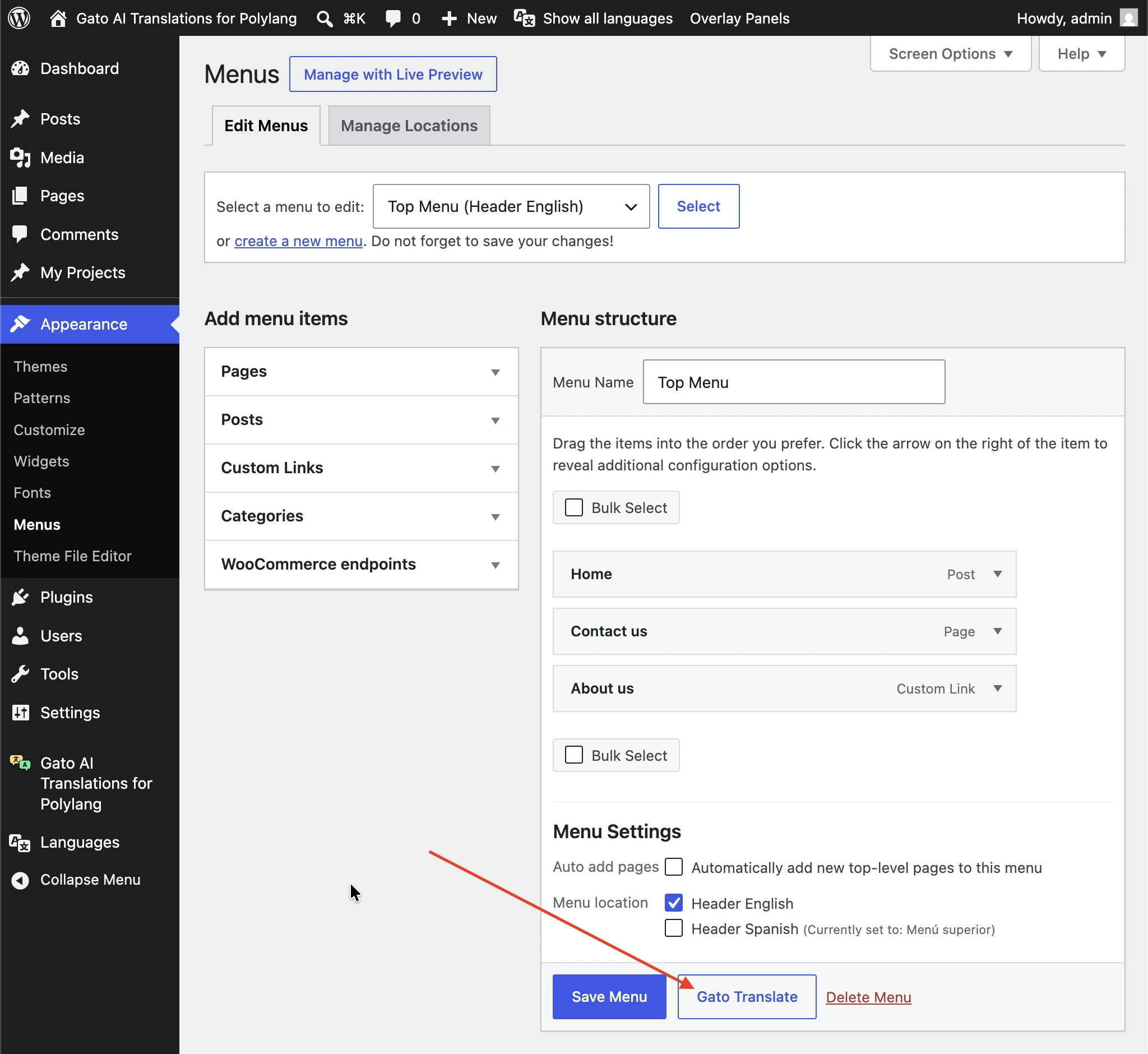 The Gato Translate button in the menu editor
