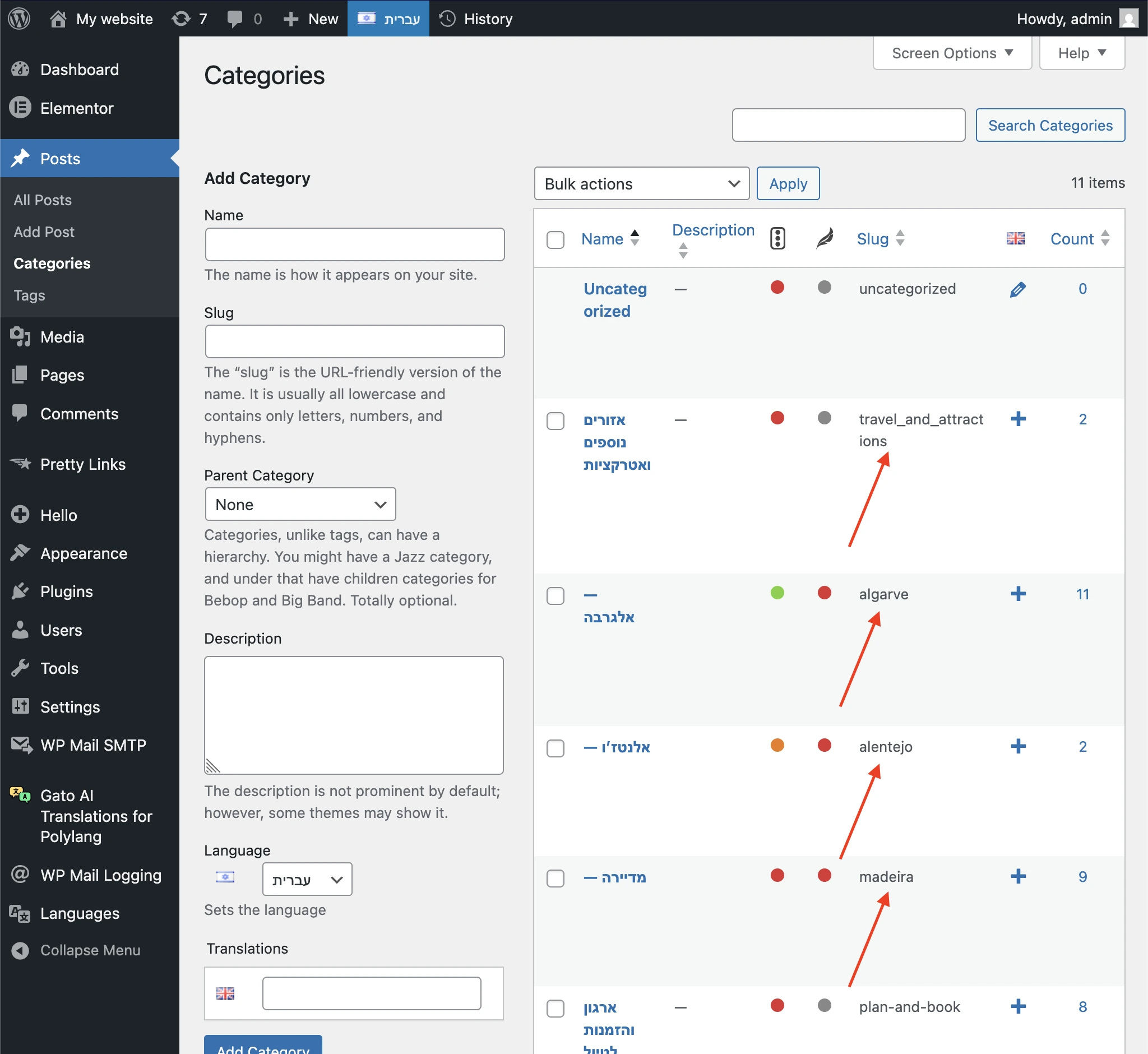 Categories in Hebrew have their slug in English