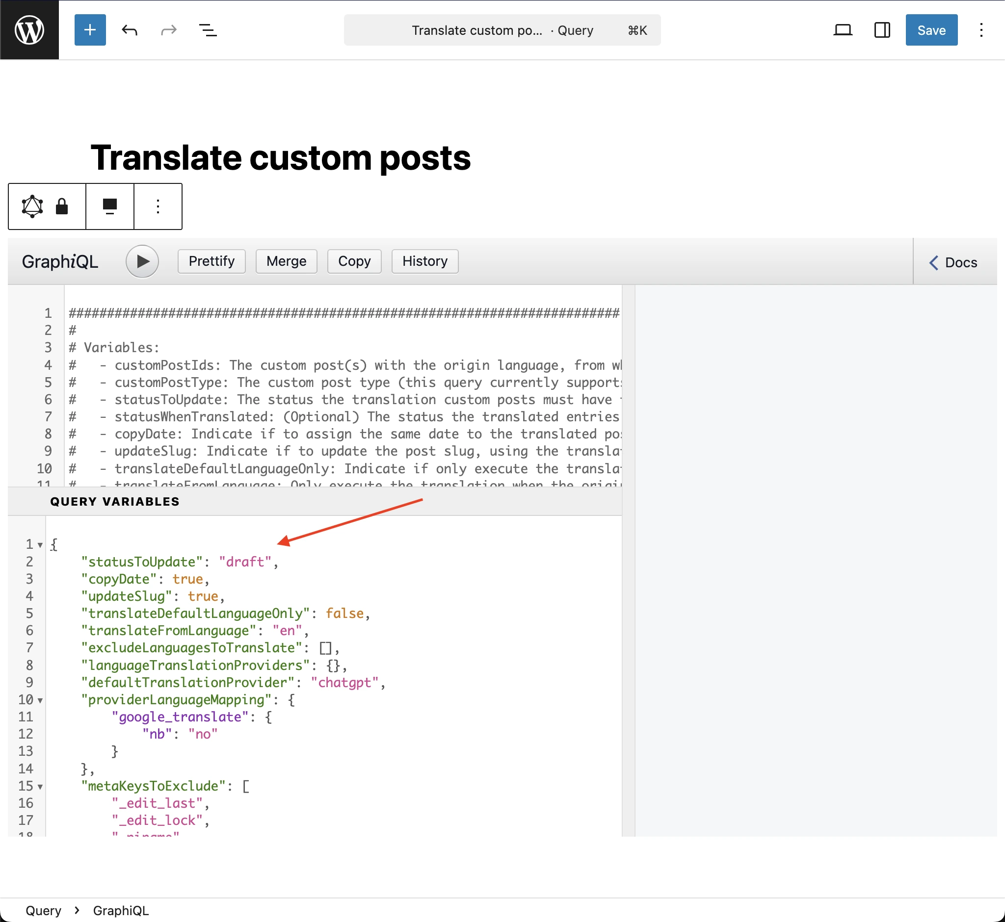 Pasting the variables in the GraphiQL client