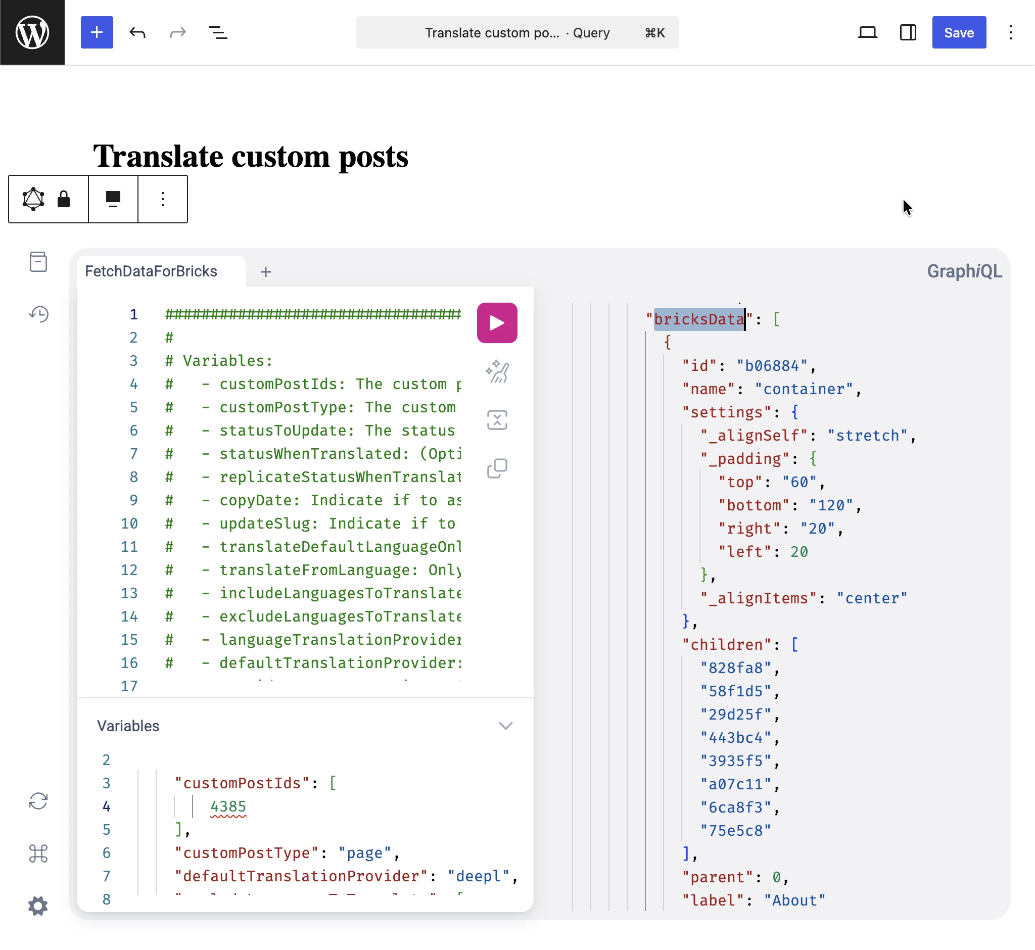 Inspecting bricksData in the Translate custom posts GraphQL response