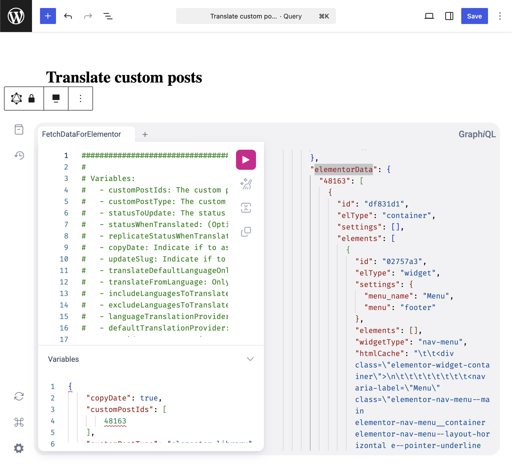 Inspecting elementorData in the Translate custom posts GraphQL response