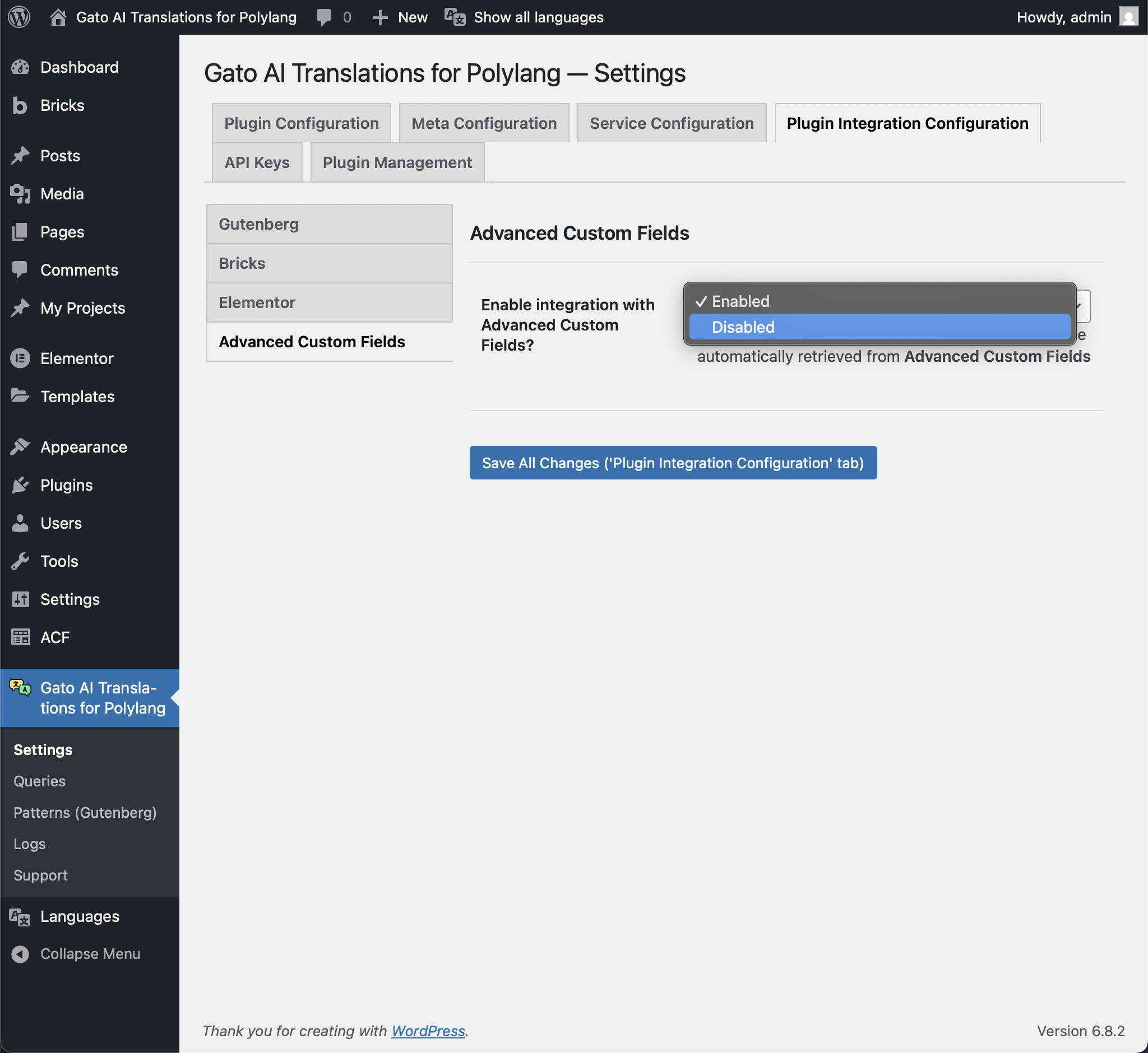 Disabling the integration with ACF in the Settings