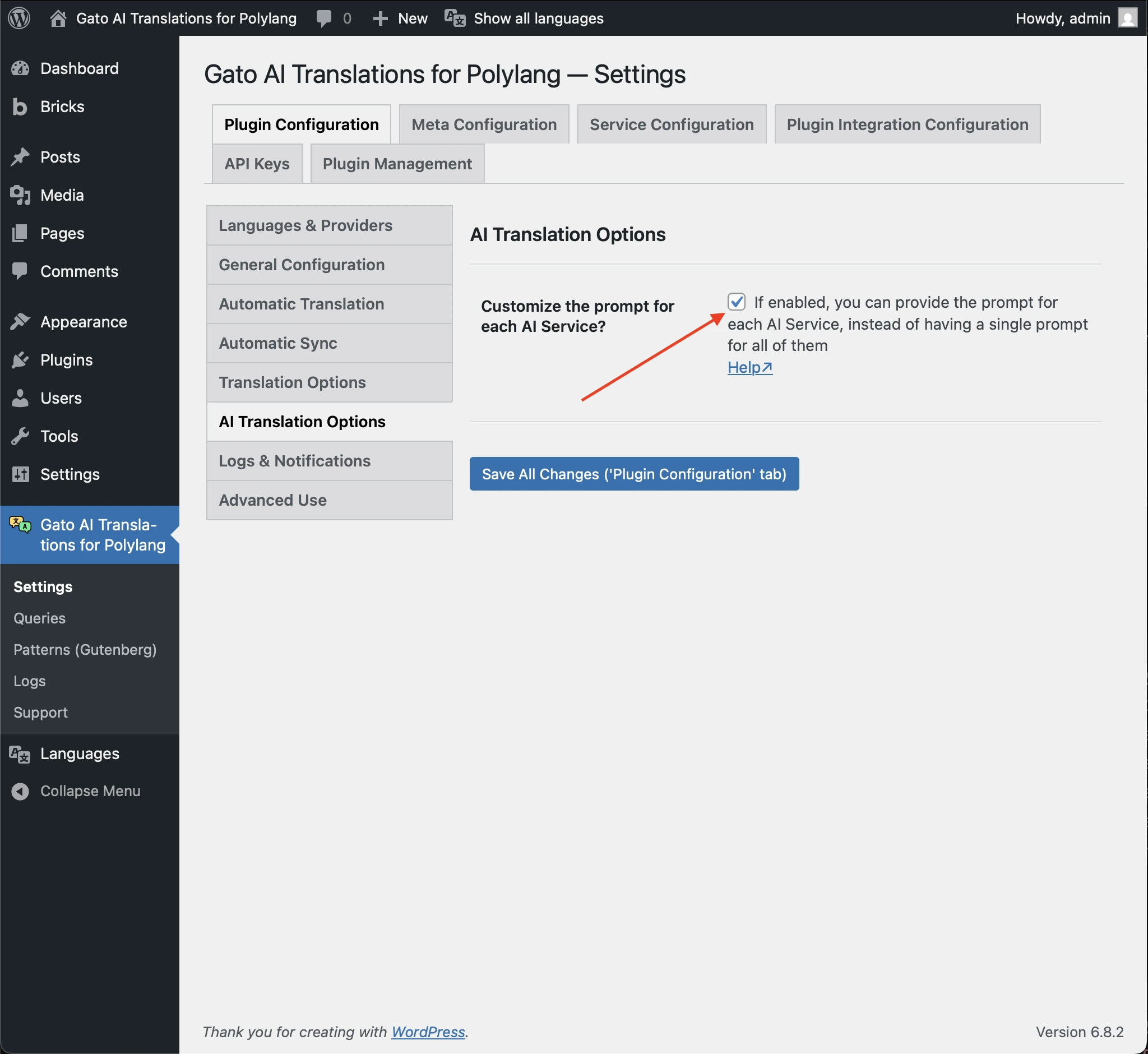 AI Translation Options settings