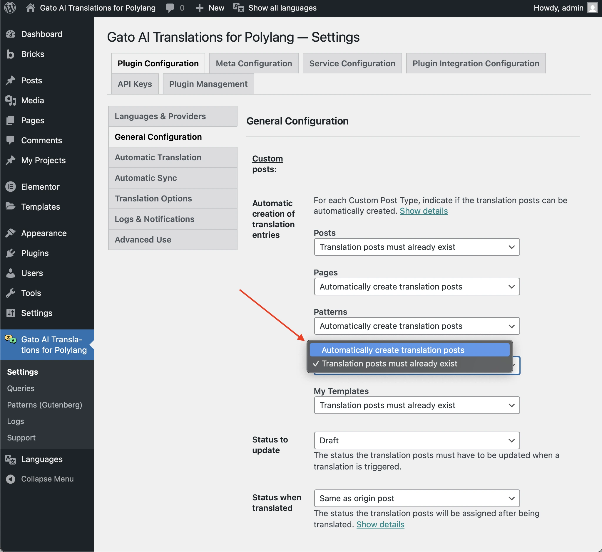 Setting the 'Automatic creation of translation entries' option