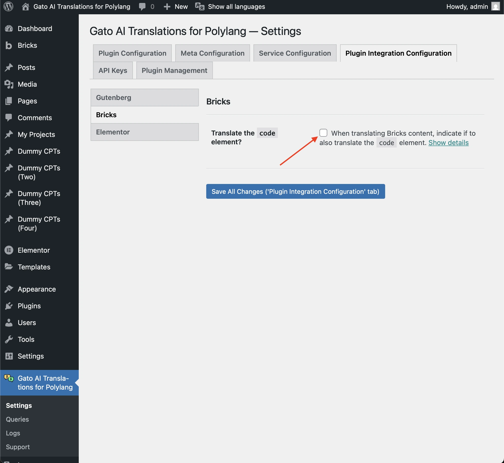 Enable Bricks code element translation in settings