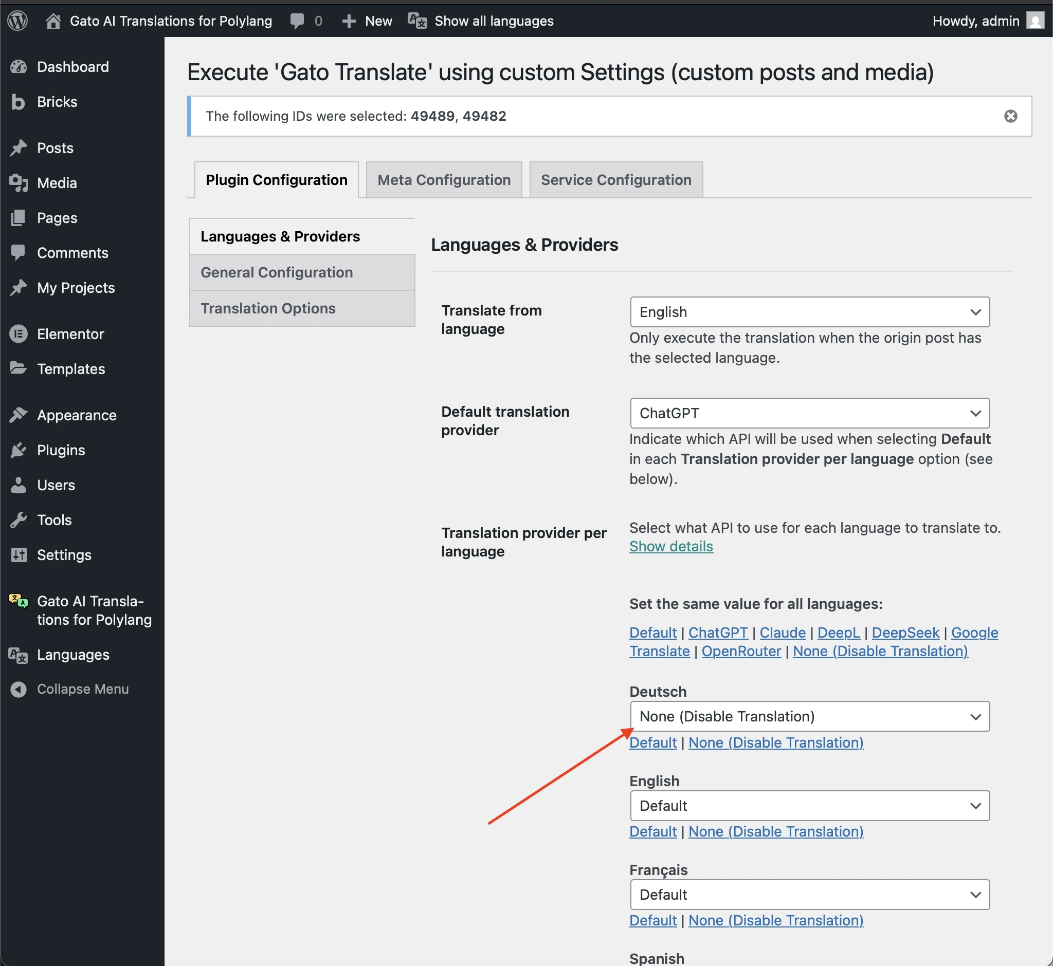 Customizing the execution of the 'Gato Translate' action