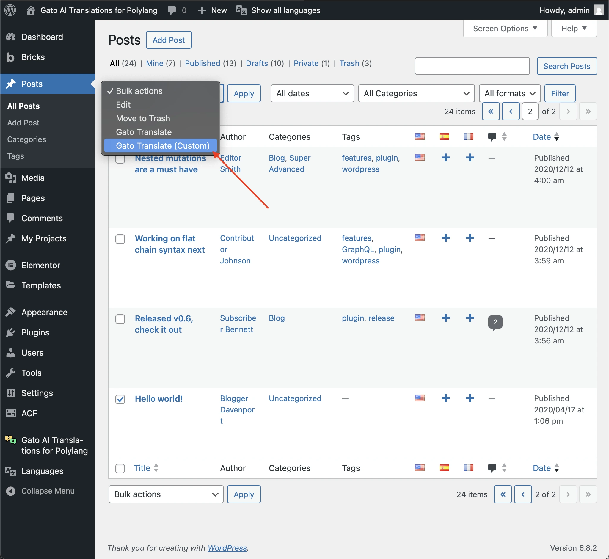 Executing the Gato Translate (Custom) bulk action