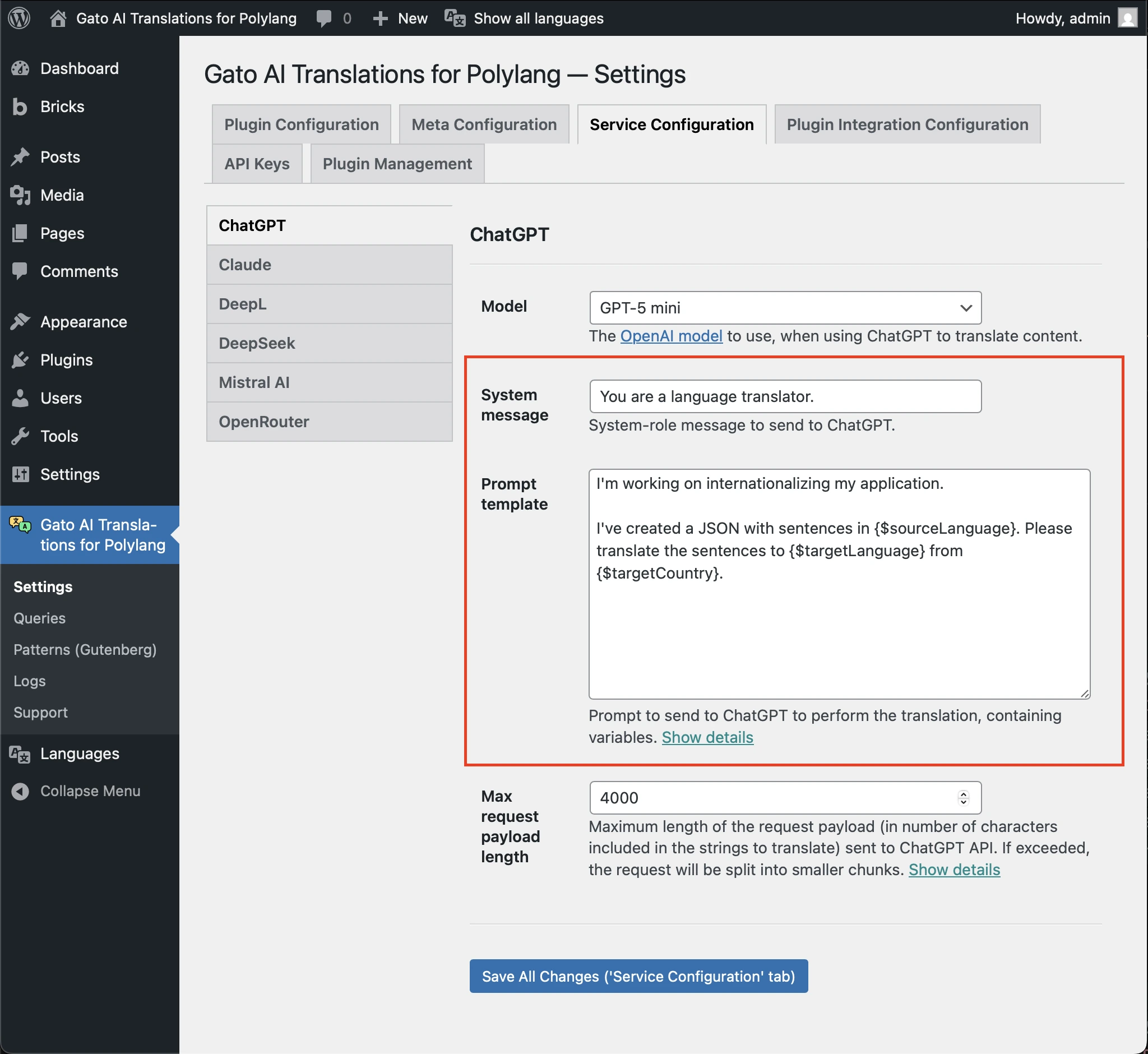 Custom AI Prompt settings