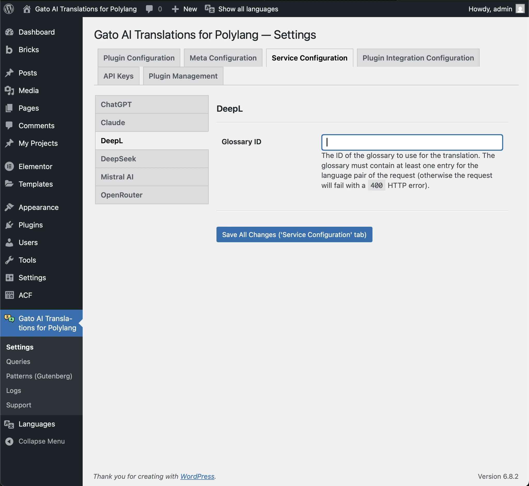 Providing the Glossary ID in the Settings