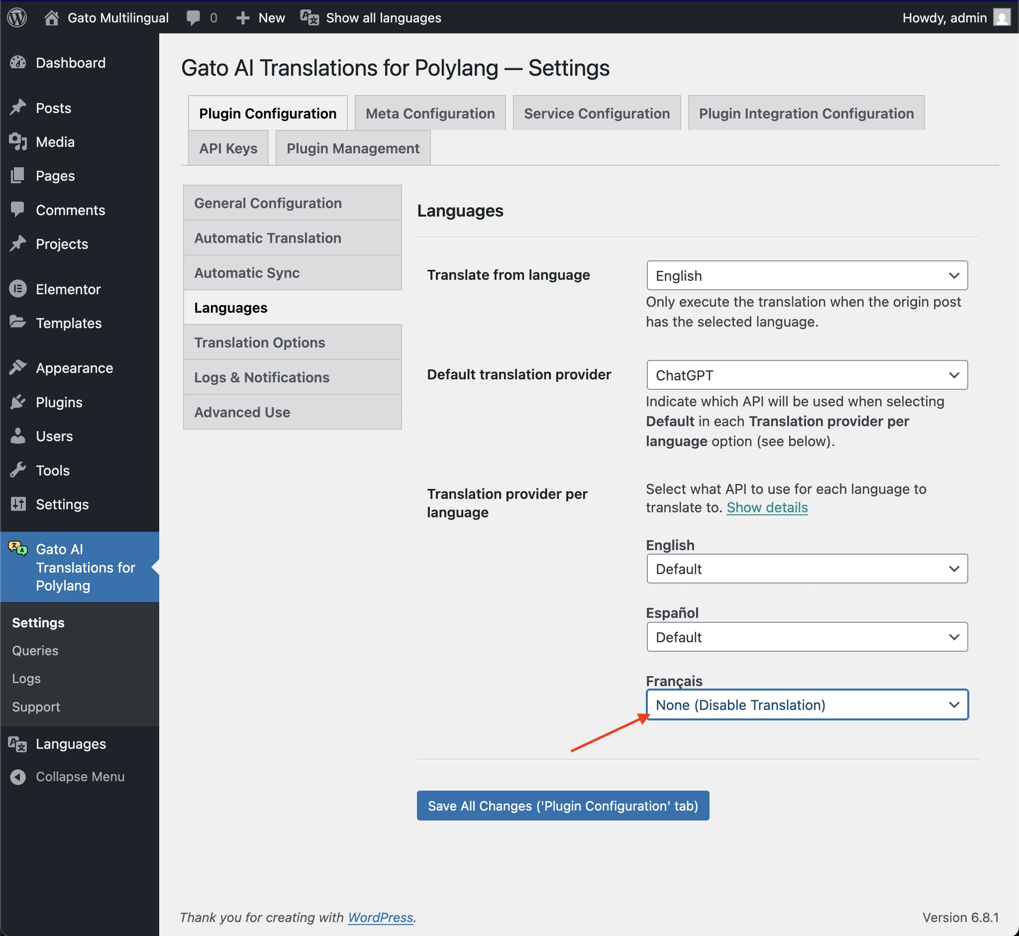 Disabling translations for a language in the Settings