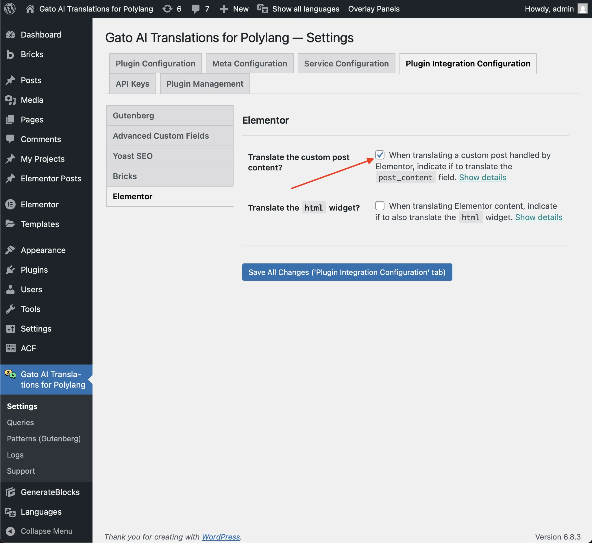 Setting the 'Translate content' option for Elementor