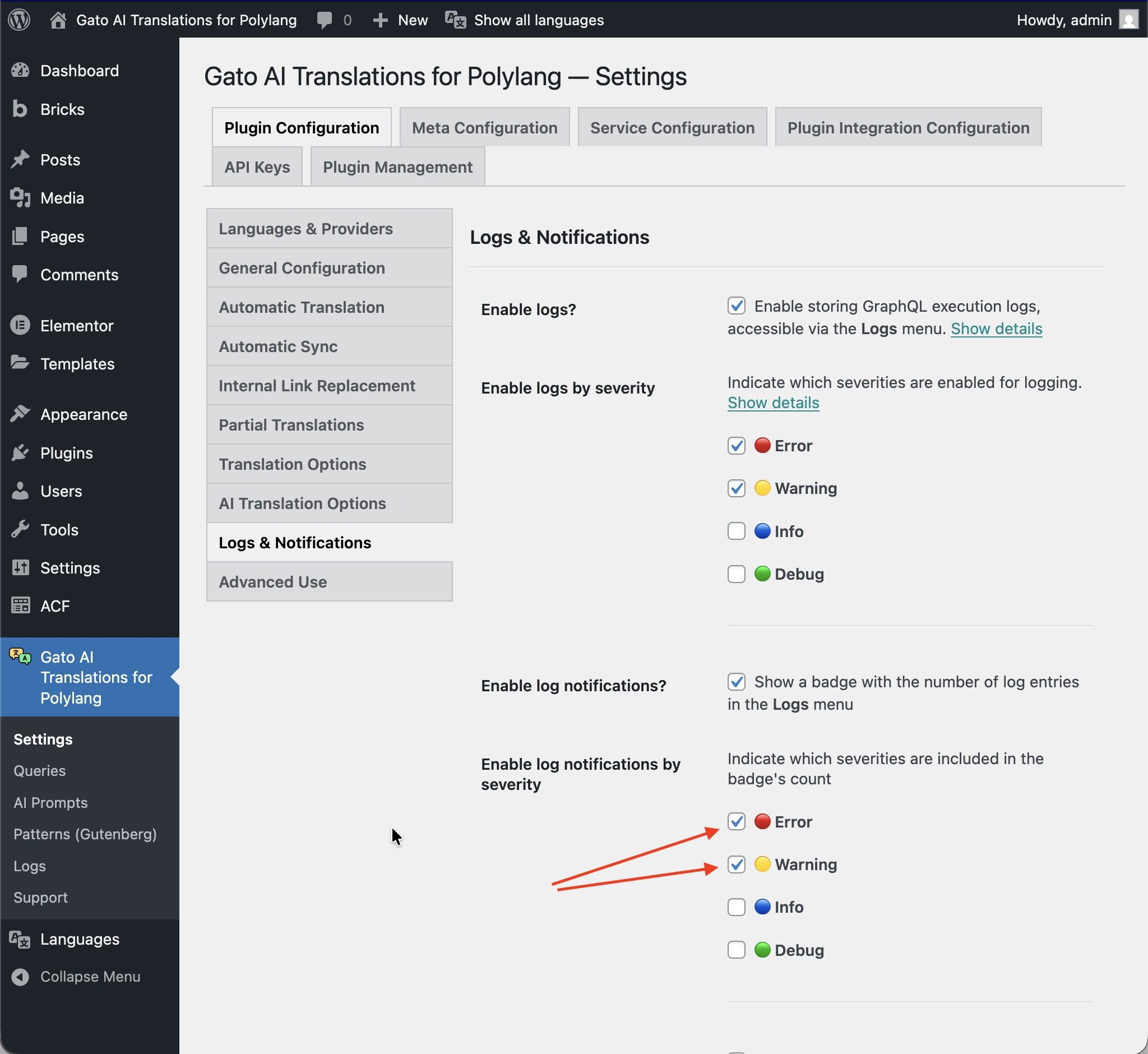 Log notifications enabled by severity