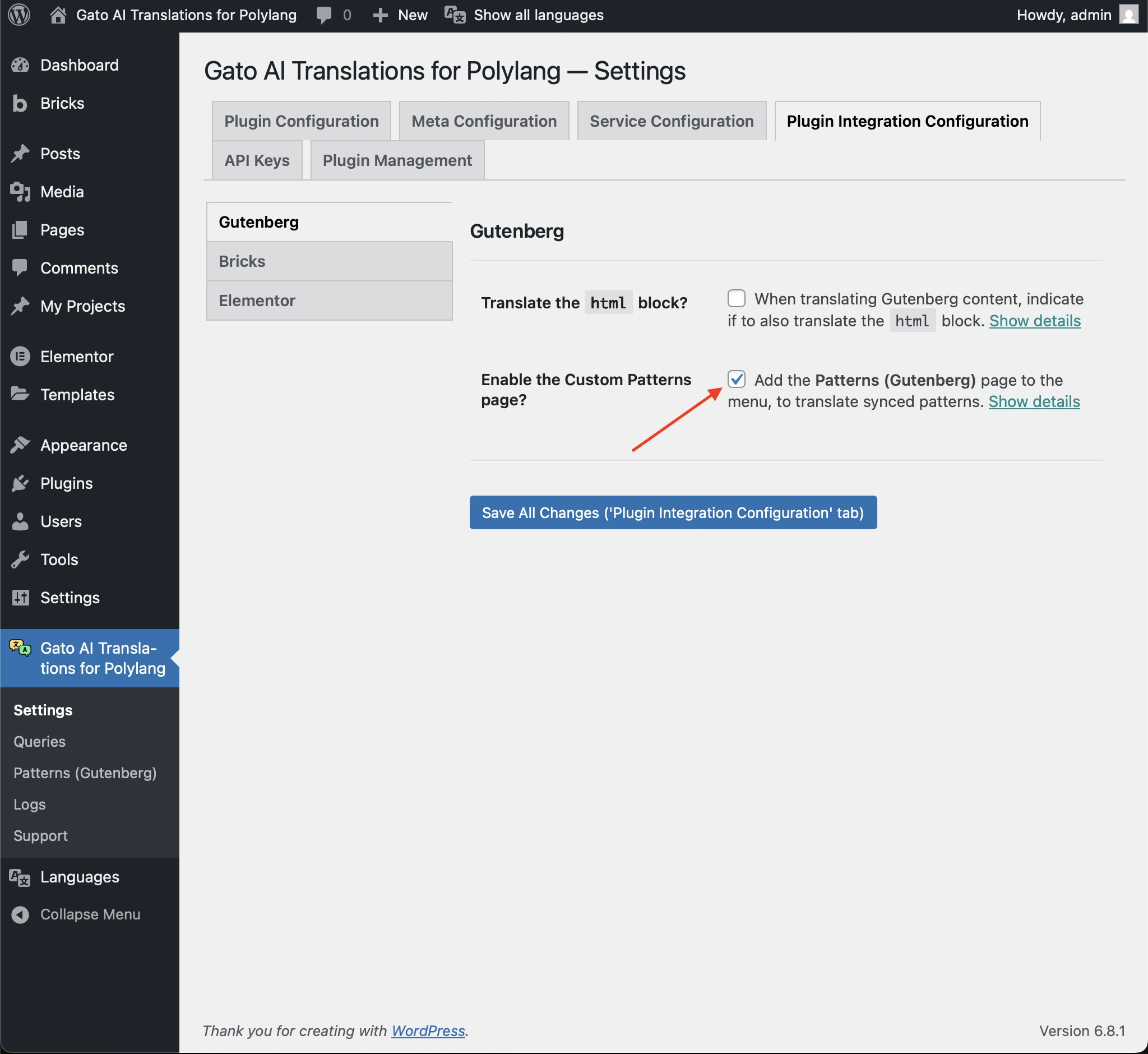 Enable the custom Patterns page in the Settings