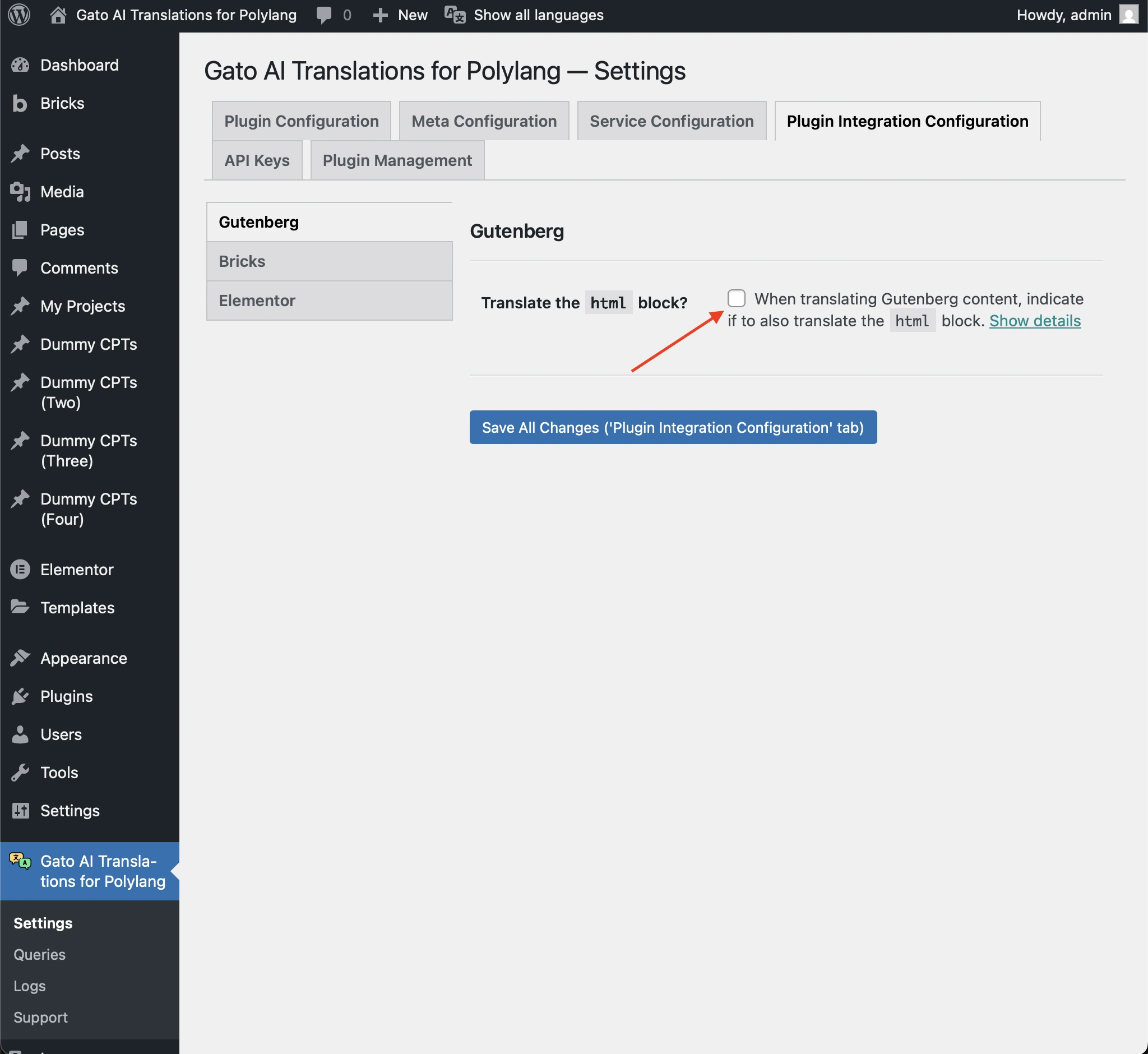 Enable Gutenberg HTML block translation in settings