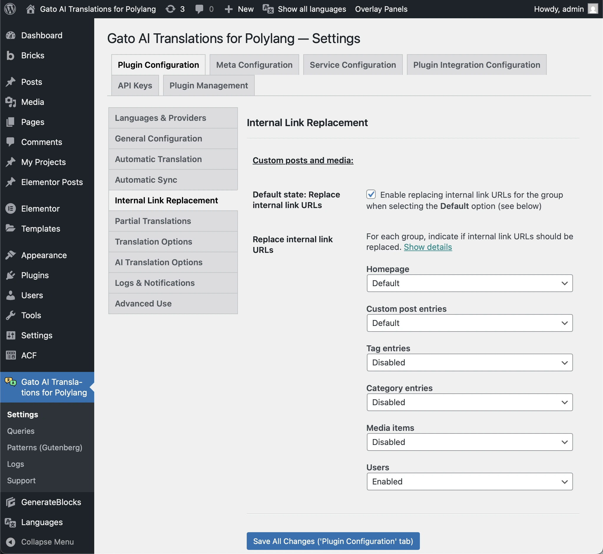 Settings page to replace internal links