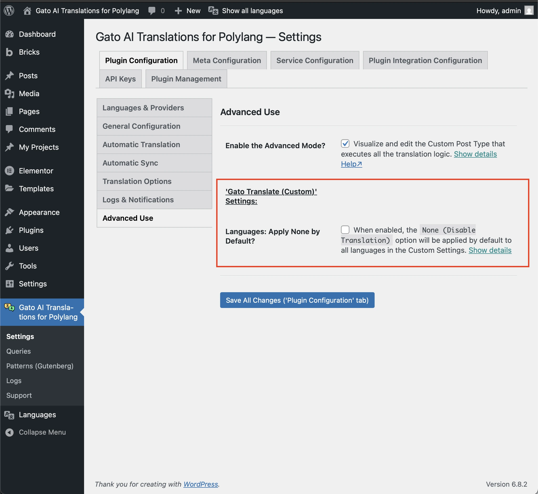 Apply None (Disable Translation) by default to all languages in the Custom Settings