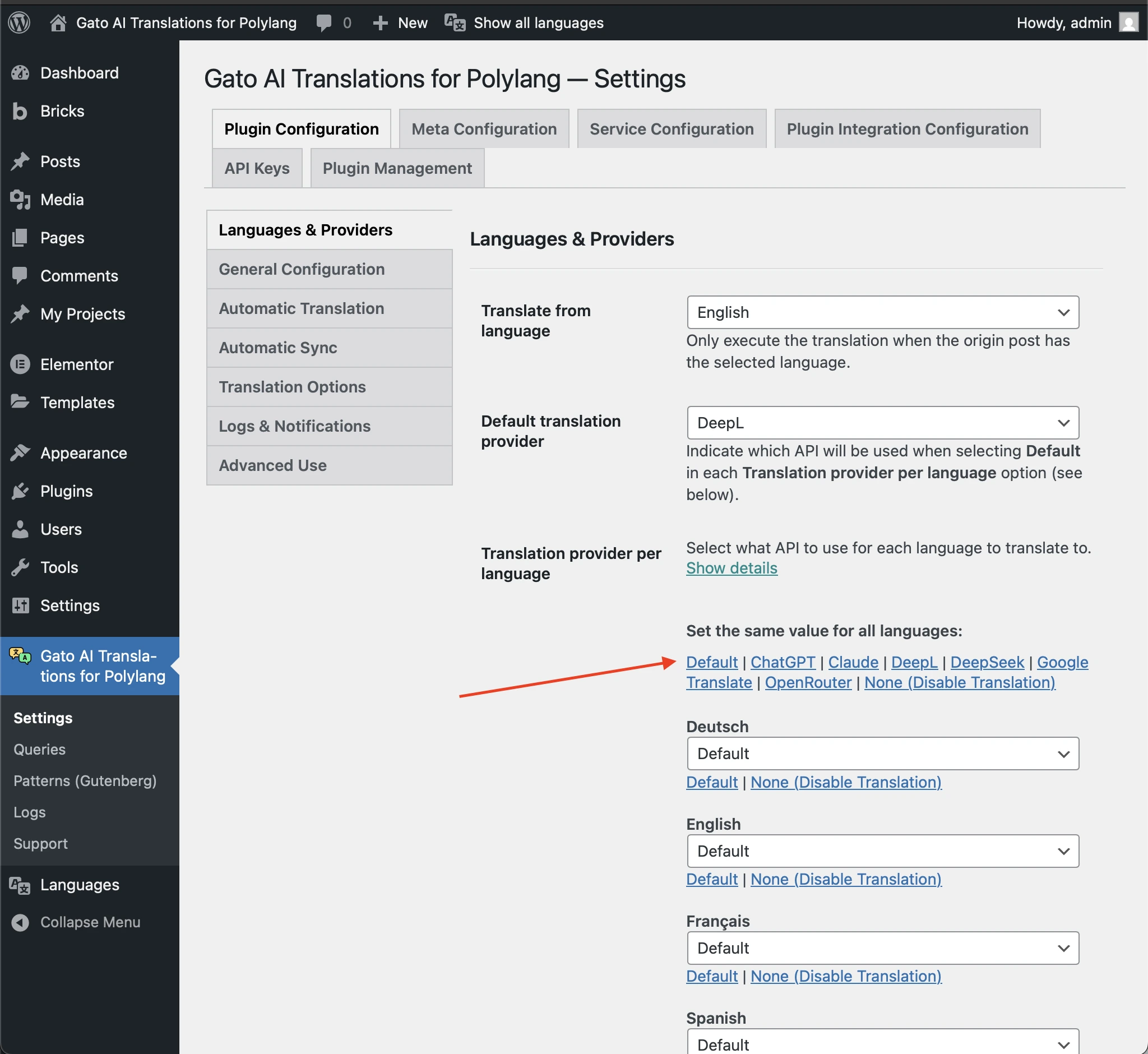 Adding quick links to set languages to translate in the Settings