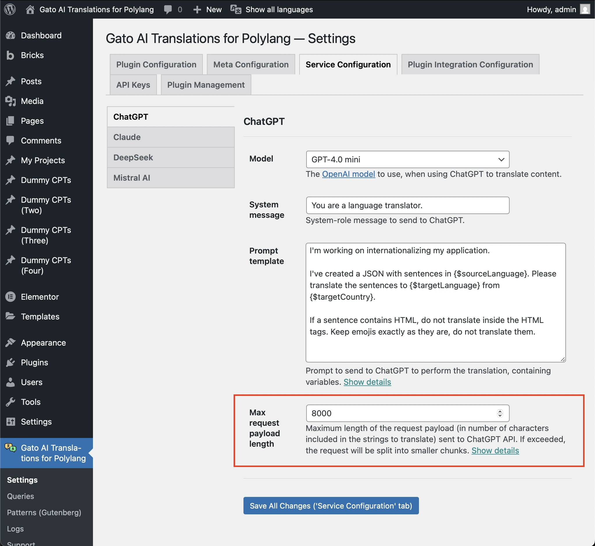 Setting the 'Max request payload length' option