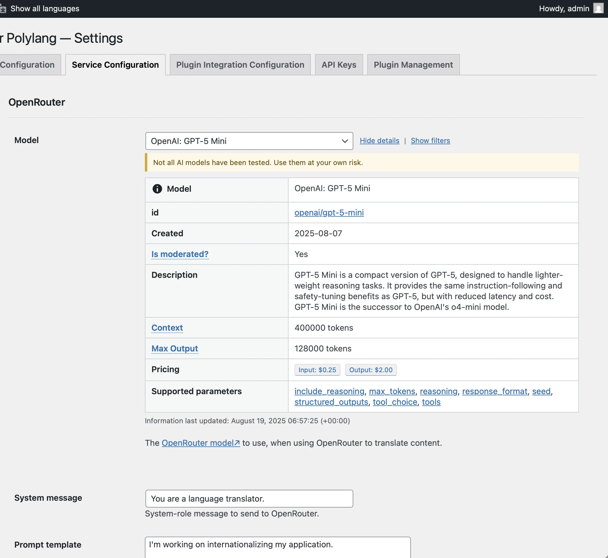 Showing the details of an AI model available on OpenRouter