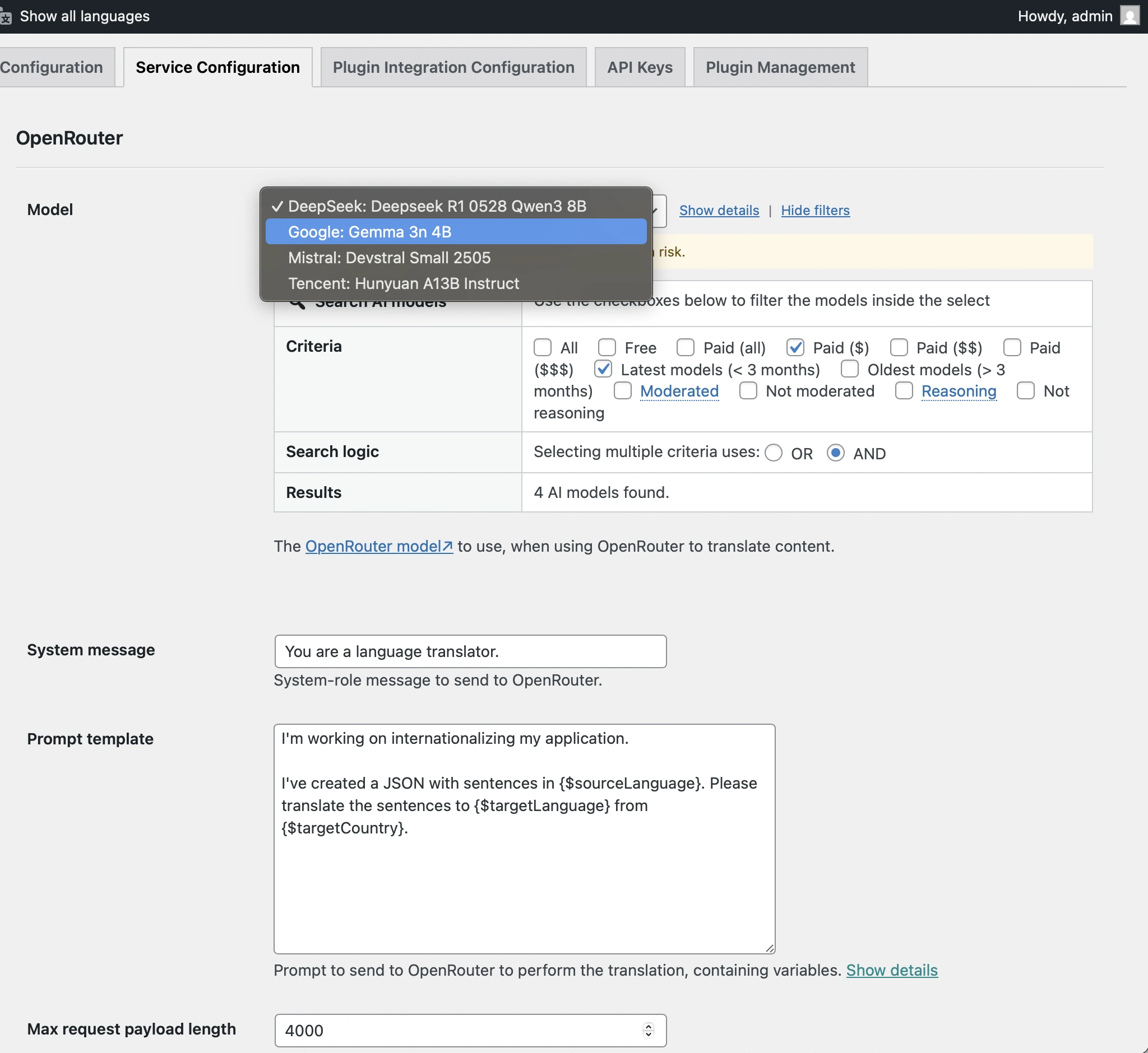 Example of filtering the list of AI models
