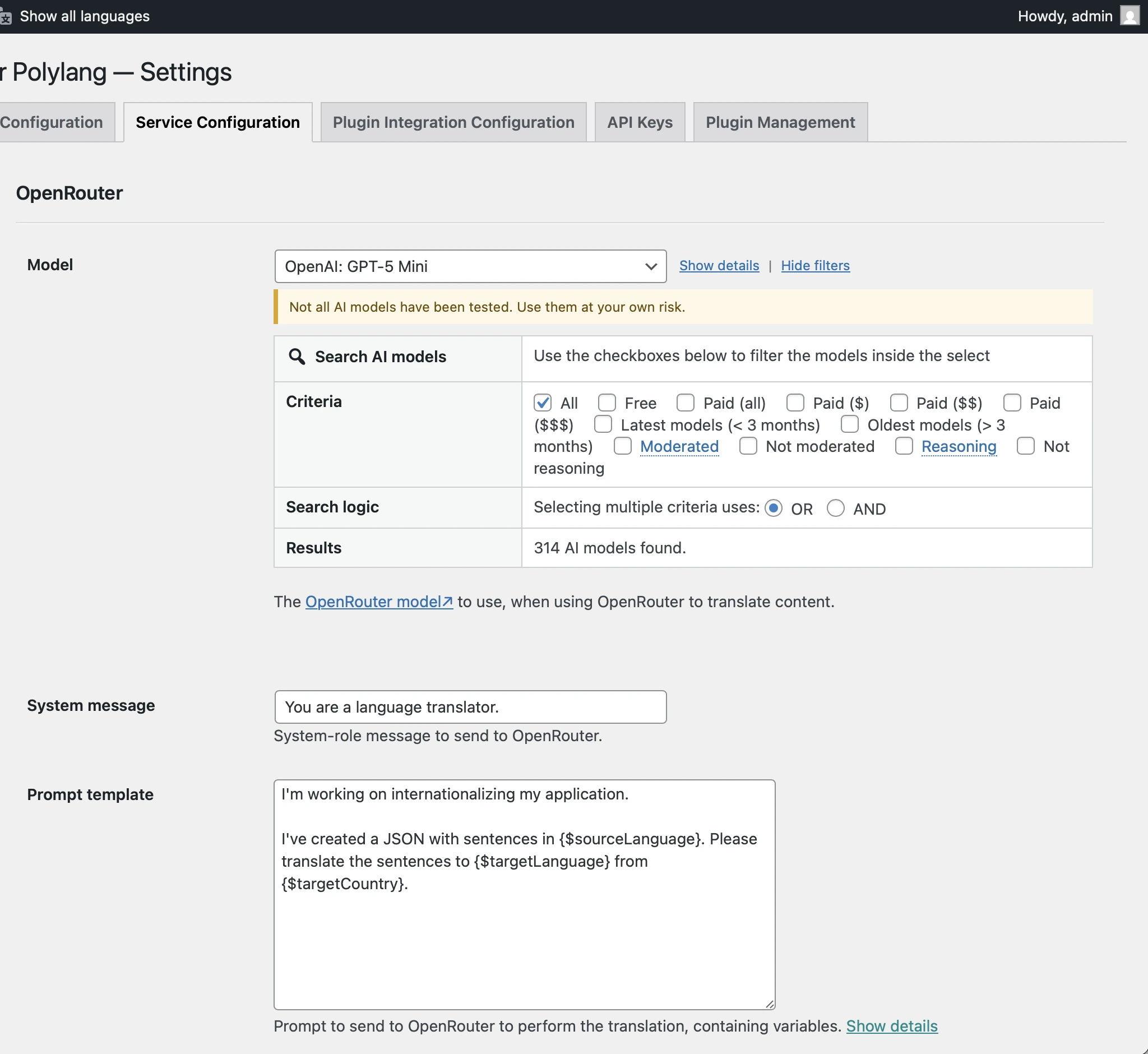 Filtering the list of AI models available on OpenRouter