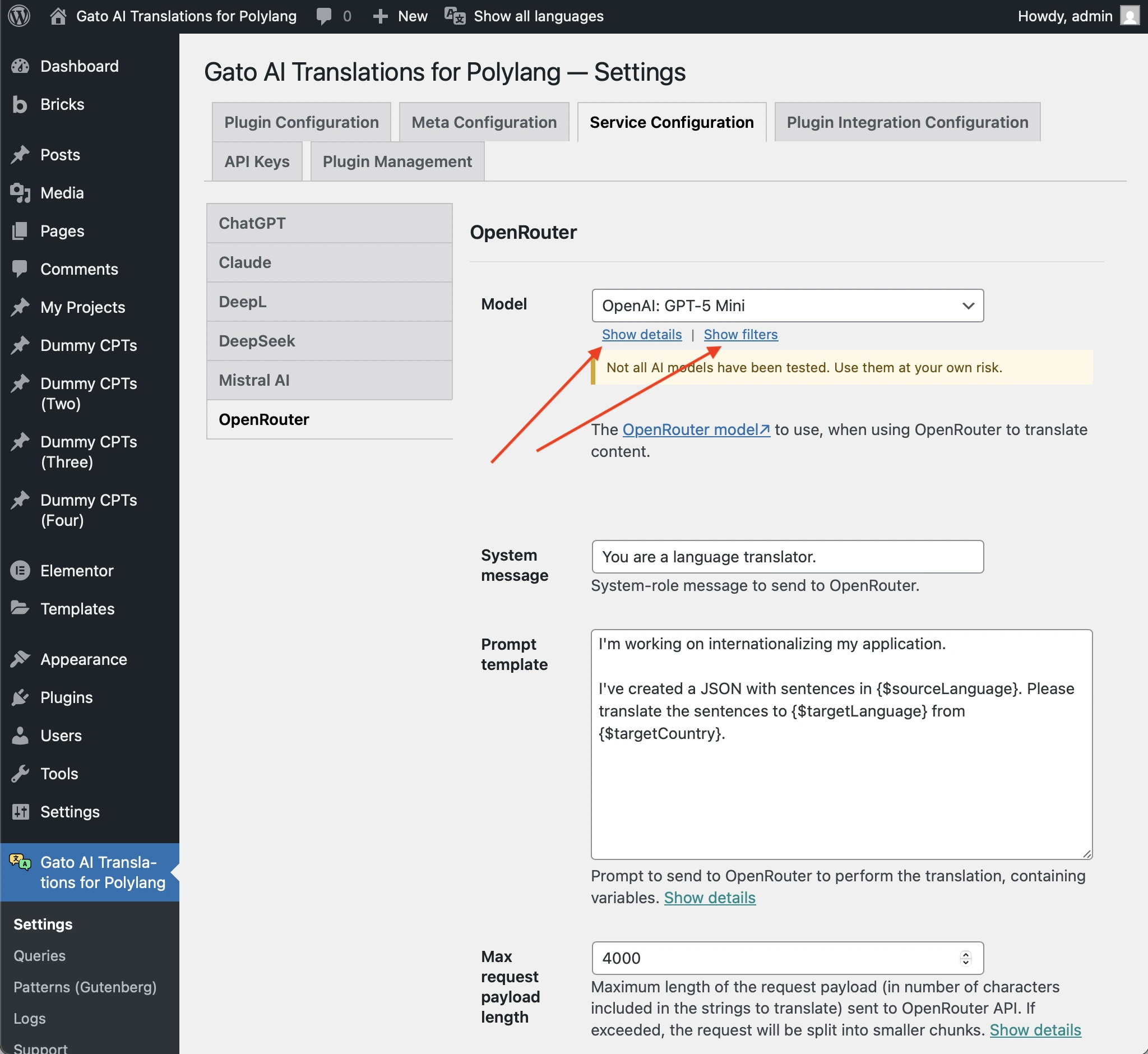 Links to show details and filters for AI models