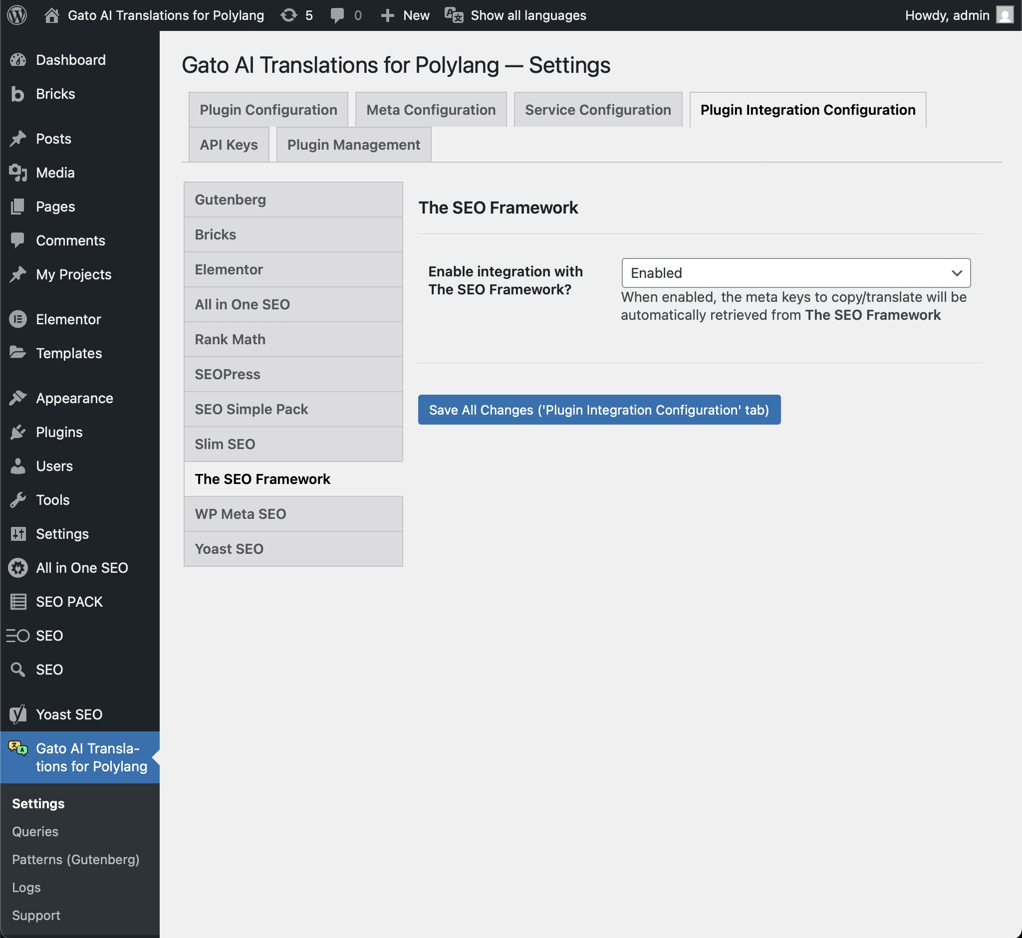 Enable/disable SEO plugin integrations in settings