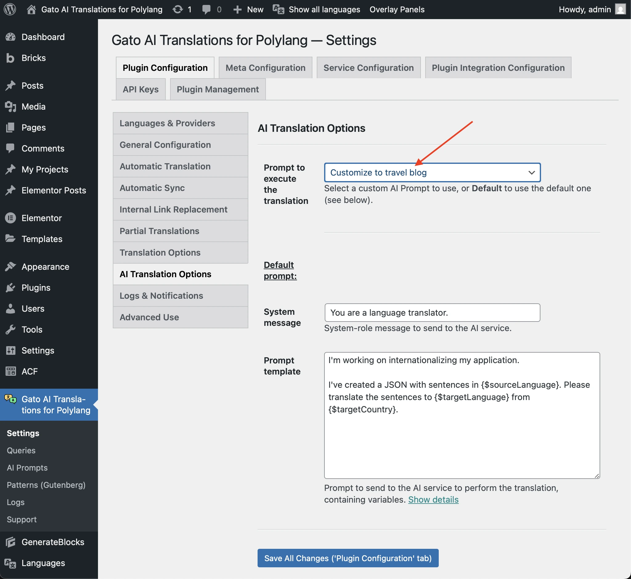 Selecting an AI Prompt in Settings
