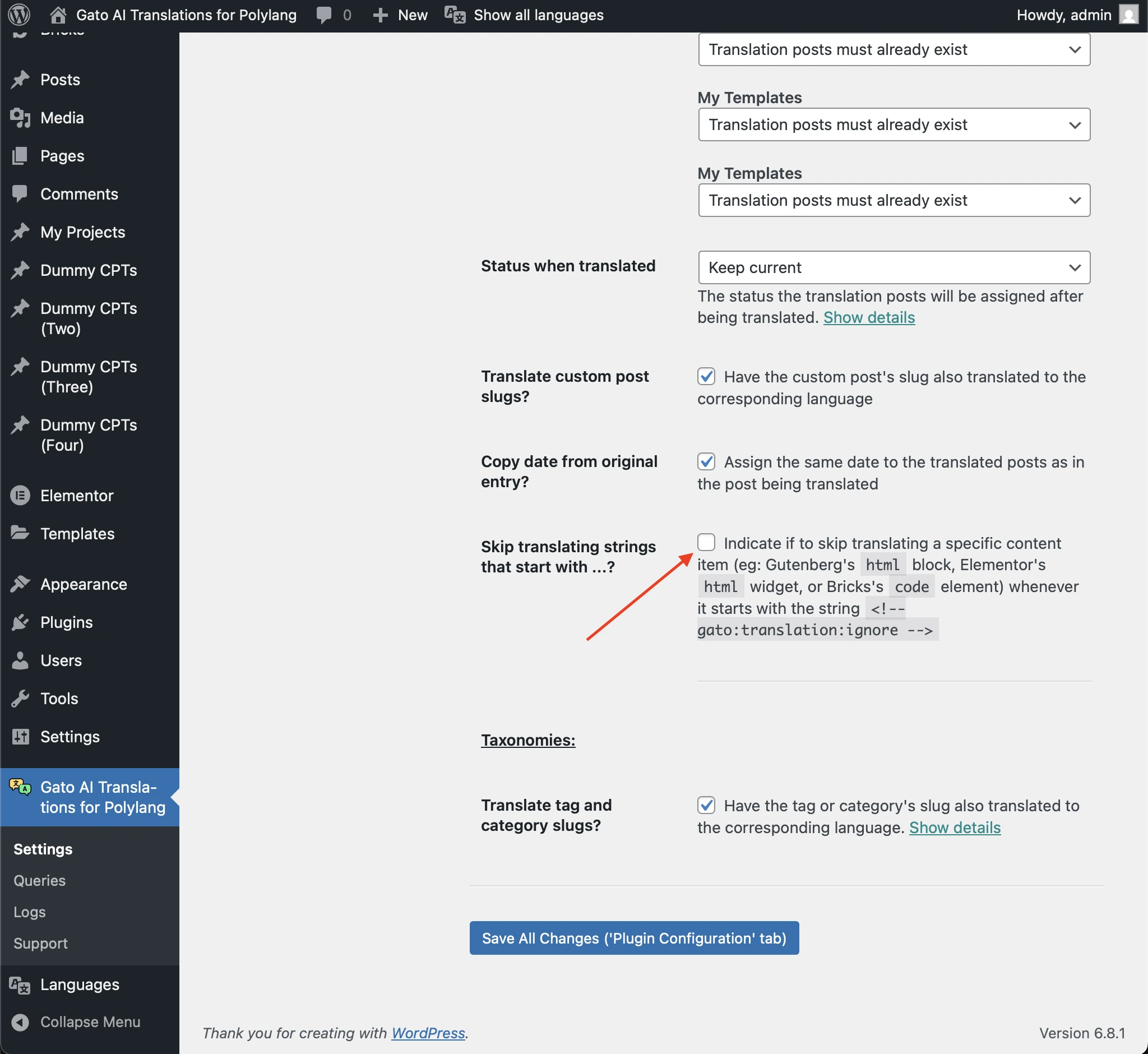 Skip translating strings in settings