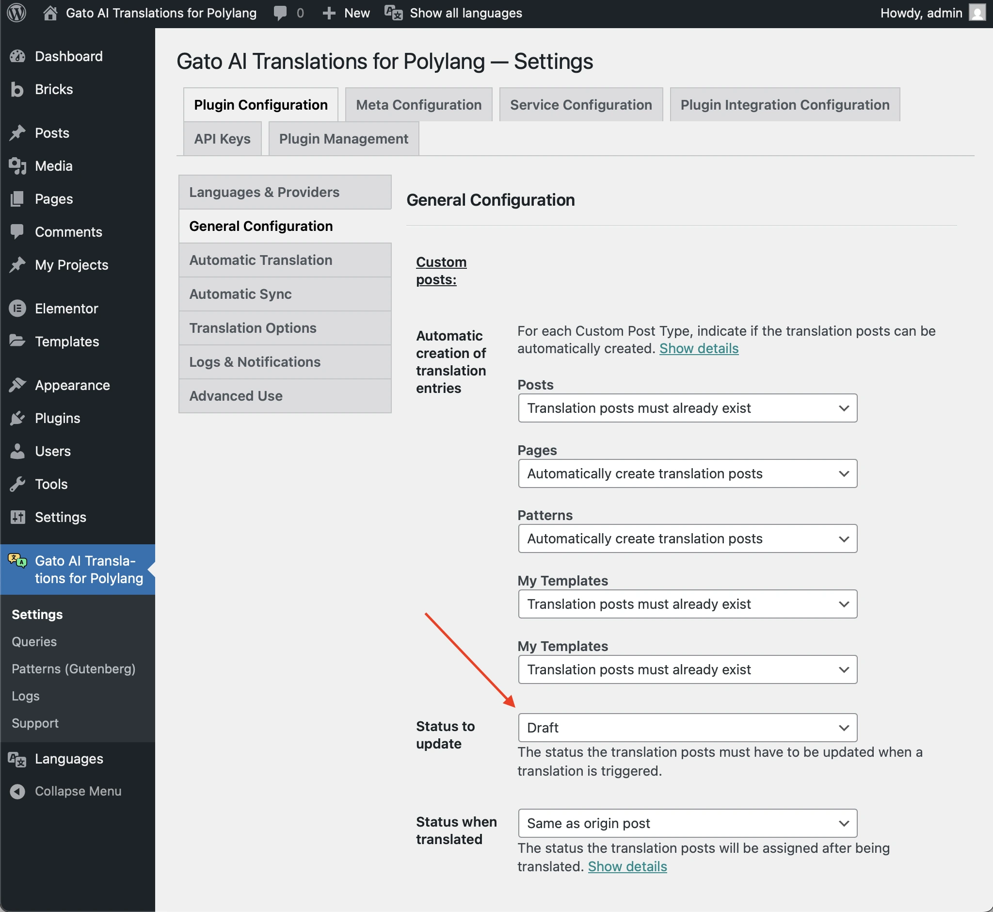 Setting the 'Status to update' option