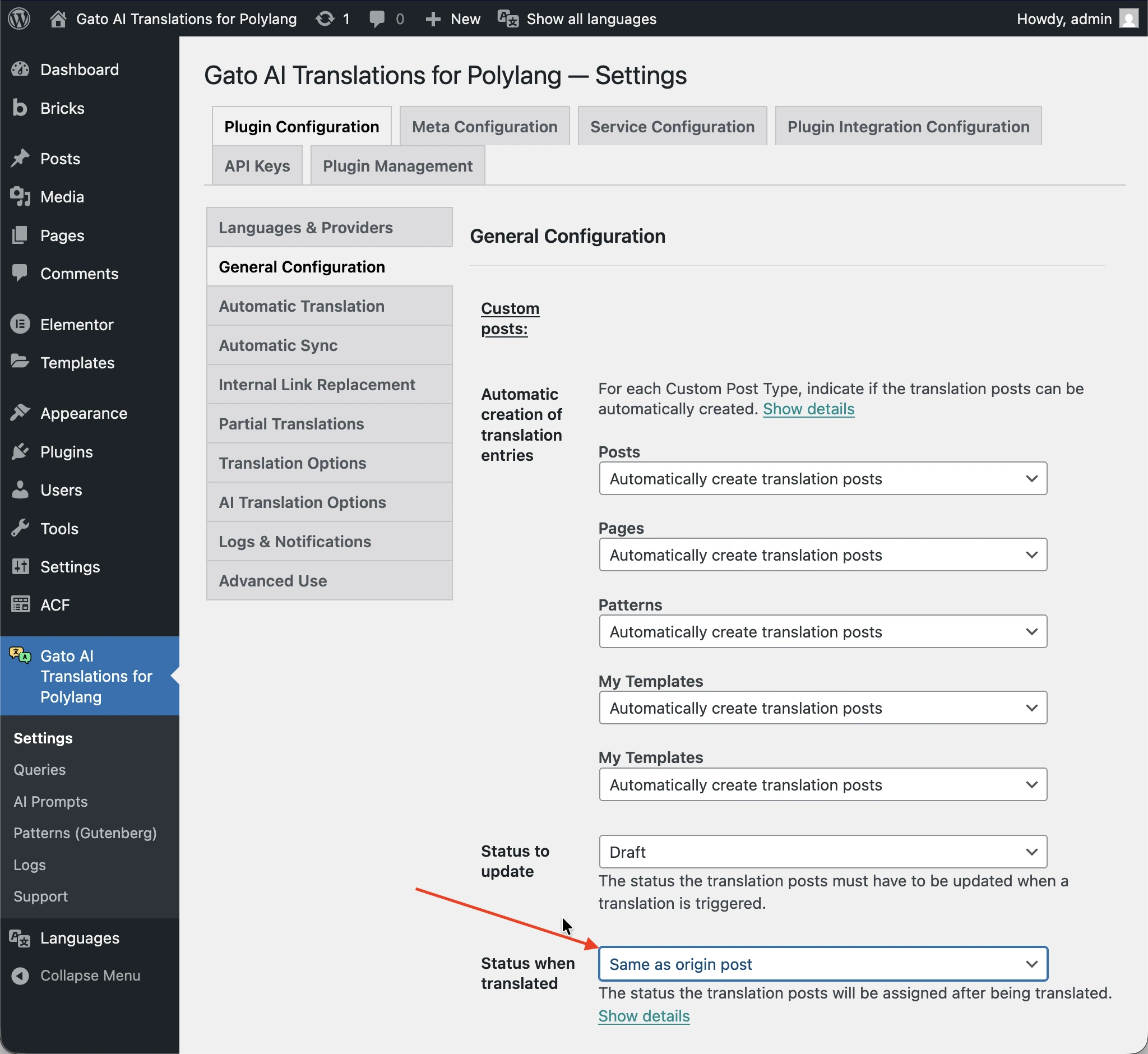 Setting the 'Status when translated' option to 'Publish' or 'Same as origin post'