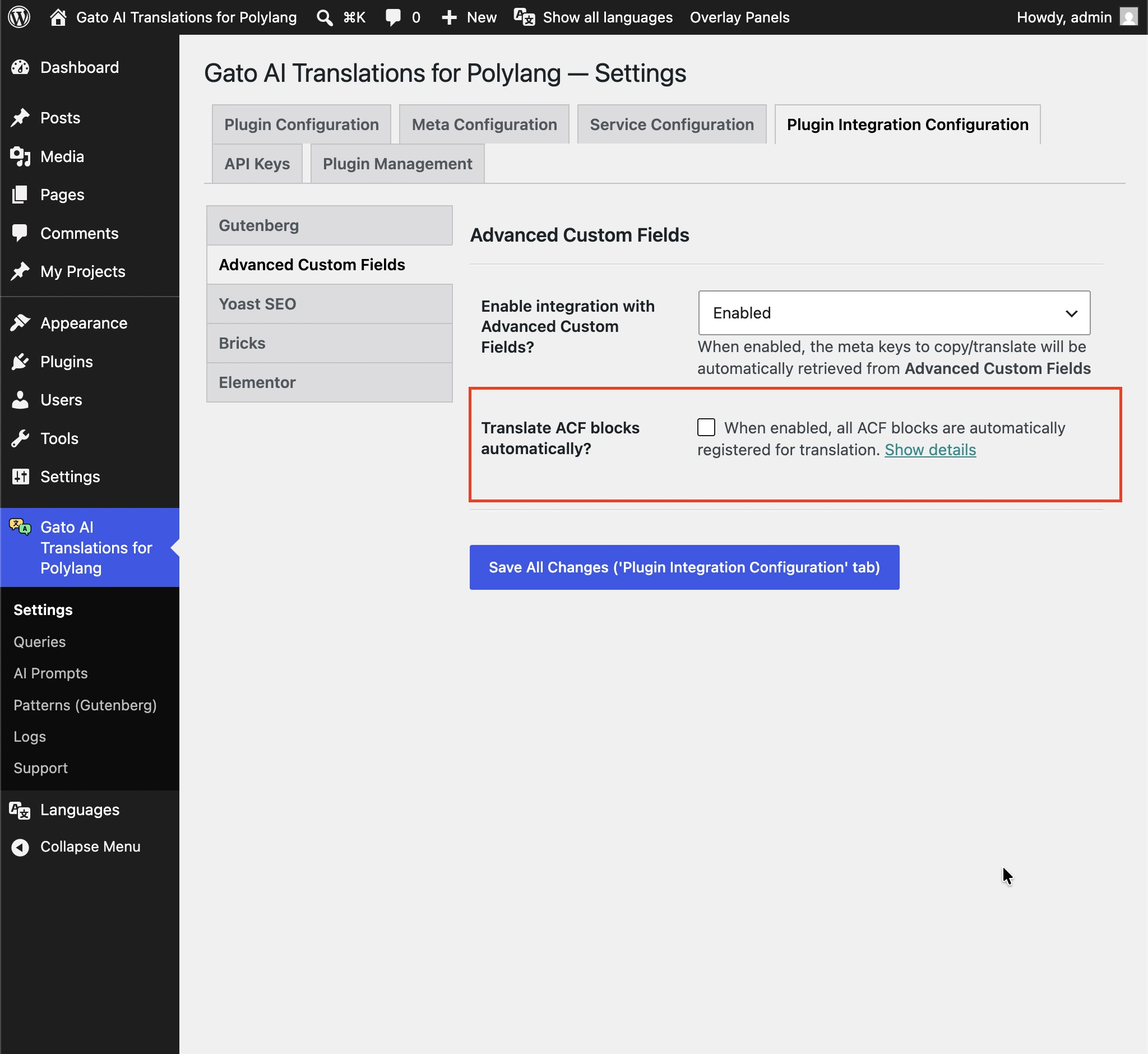 Enabling automatic translation for ACF blocks