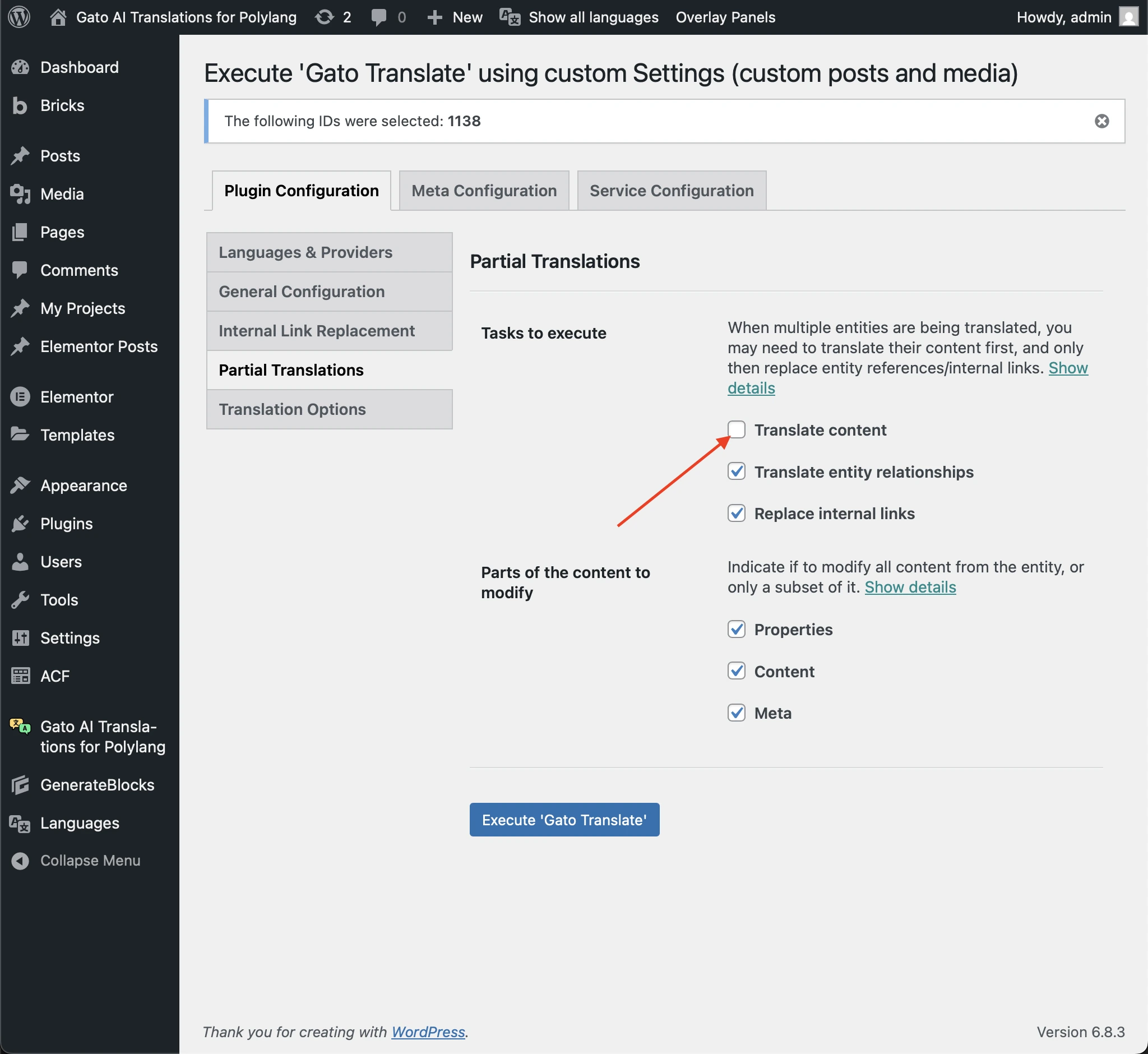Deactivating the 'Translate content' option