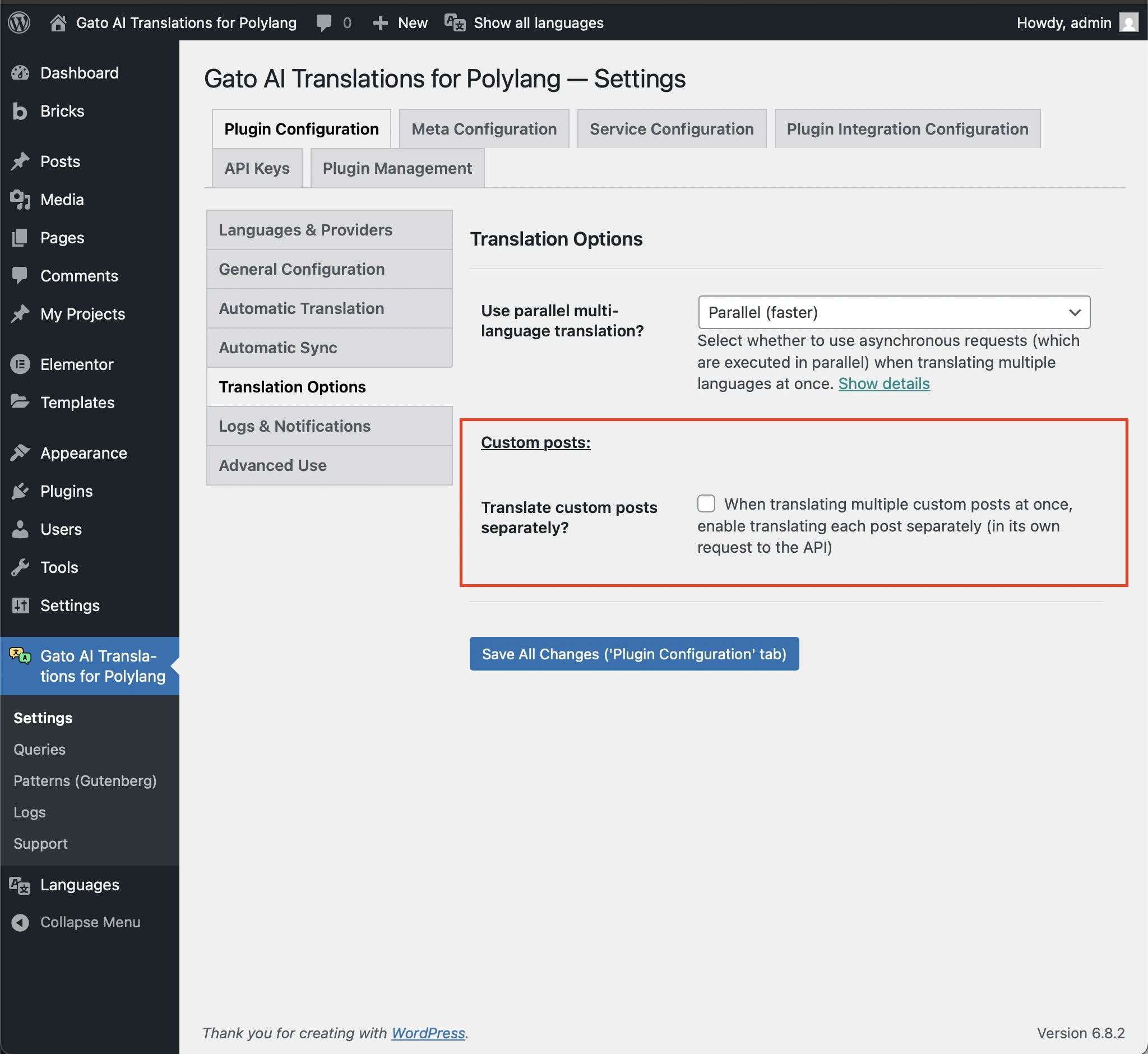 'Translate custom posts separately?' option in the Settings